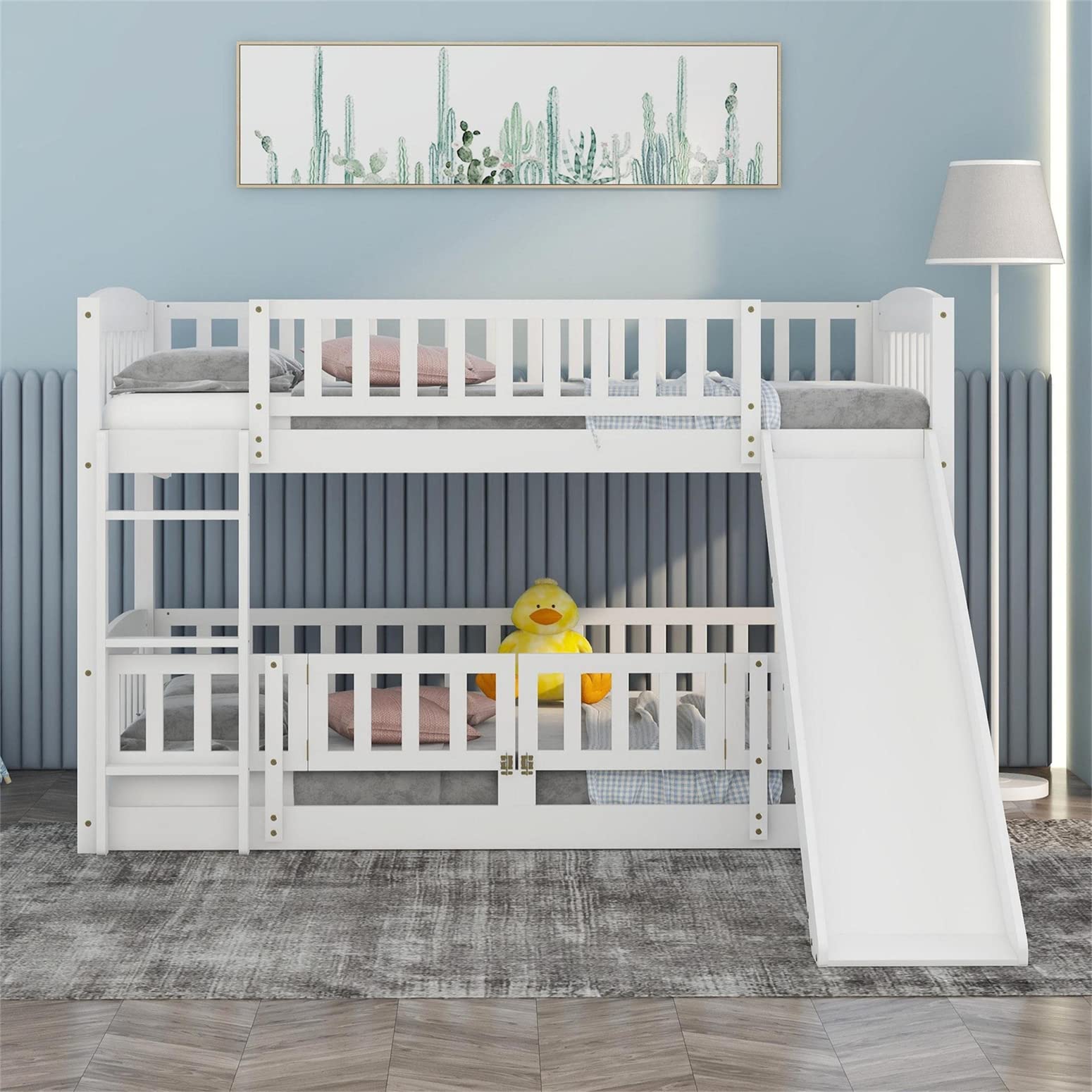 Harper & Bright Designs Twin Over Twin Low Bunk Bed with Slide - Wooden Floor Bunk Bed Frame with Safety Rails for Kids, Toddlers, Boys & Girls - Perfect for Small Bedrooms, Playrooms & Sleepovers (White)