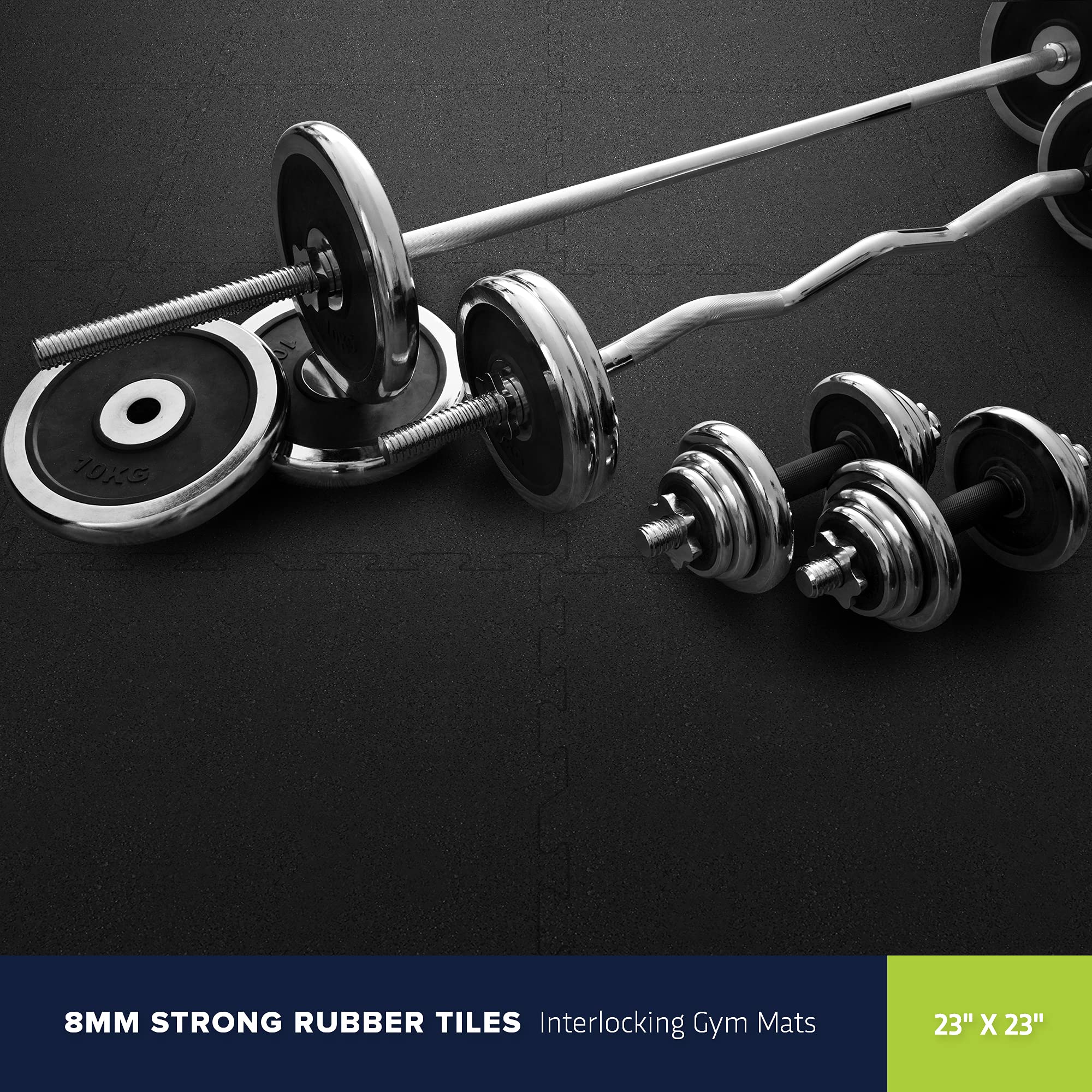 8mm Thick Interlocking Rubber Floor Tiles - 23x23 Inch Heavy Duty Gym Mats for Home Workouts, Exercise Equipment Protection & Fitness Room Flooring | Non-Slip, Durable Rubber Tiles for Home Gym, Garage Gym & Commercial Fitness Spaces