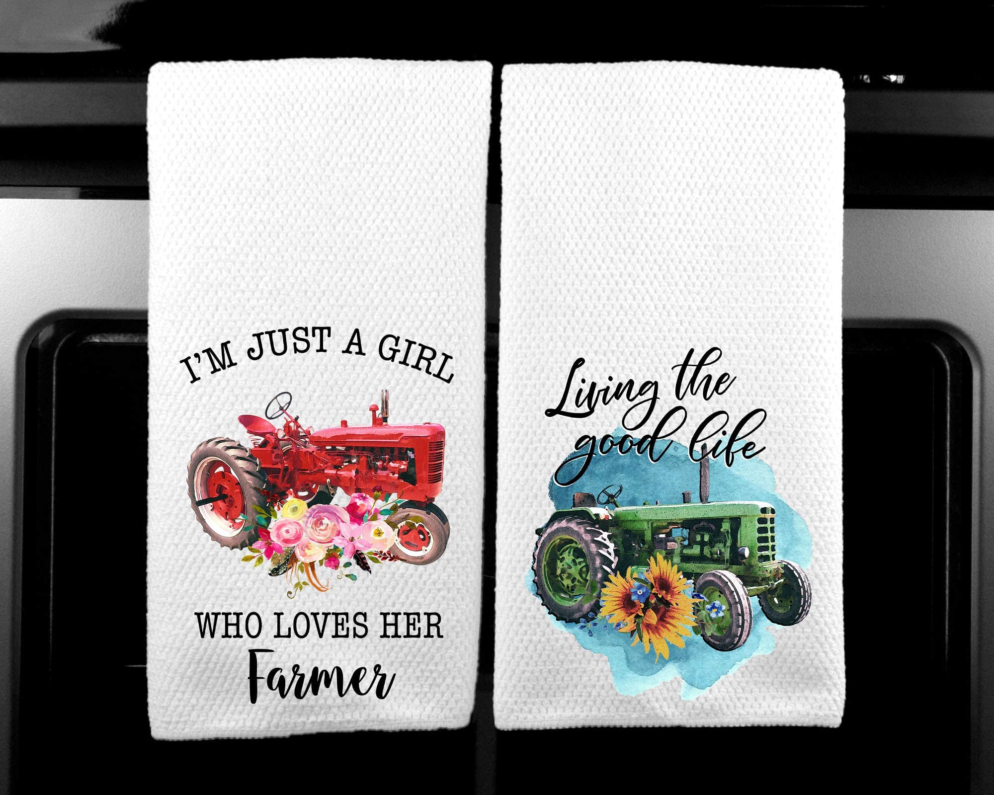 Funny Farm Tractor Floral Microfiber Waffle Kitchen Towels Set of 2 - Soft & Absorbent Dish Towels for Farmhouse Decor, Country Kitchen, and Rustic Home