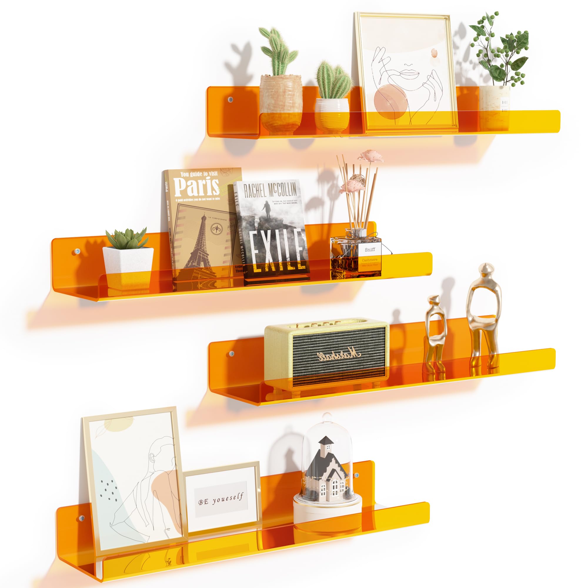 upsimples 4 Pack Clear Orange Acrylic Floating Shelves - 15 Inch Wall Mounted Display & Storage Shelves for Books, Decor & Organizing - Perfect for Kids Room, Bathroom, Bedroom, Living Room & Kitchen Decor