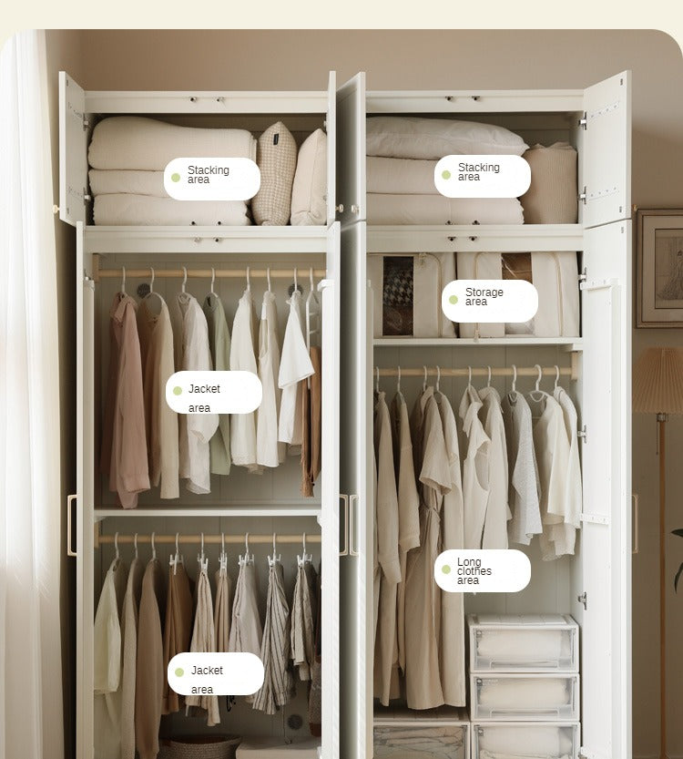 French Cream Pine Solid Wood Wardrobe - Elegant Vintage Closet for Bedroom, Living Room & Guest Room Storage