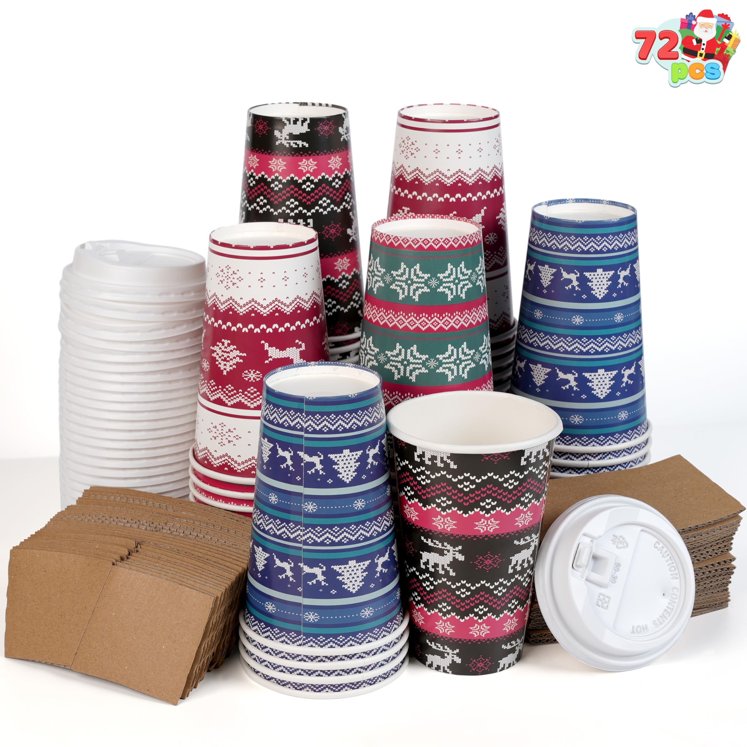 JOYIN 72-Pack Christmas Paper Cups with Sleeves & Lids - 16 oz Disposable Holiday Cups for Hot Chocolate, Coffee & Cold Drinks - 4 Festive Designs - Perfect for Christmas Parties, Office Celebrations & Family Gatherings