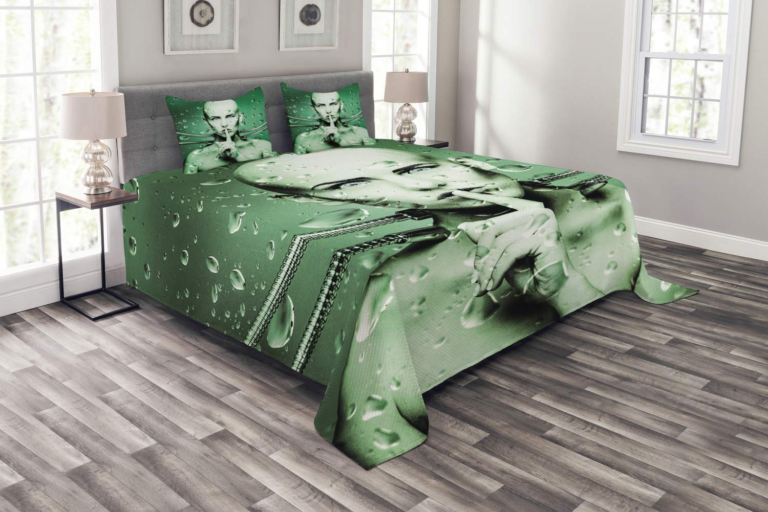 Ambesonne Futuristic Robot Girl with Cables Underwater Design 3-Piece Bedspread Set - King Size Green Bedding Coverlet & 2 Pillow Shams | Modern Sci-Fi Home Decor for Teen & Adult Bedrooms