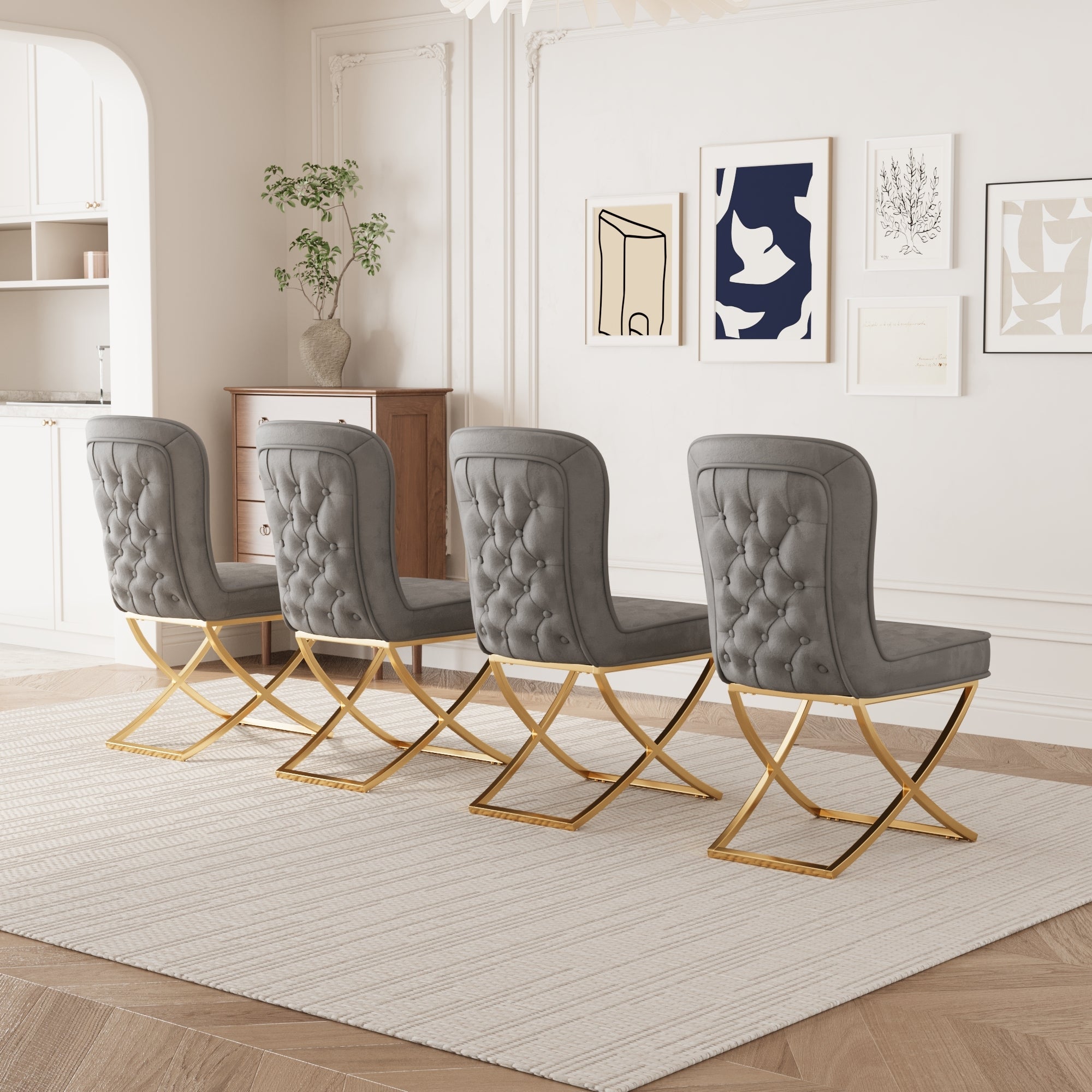 4-Piece Grey Velvet Dining Chair Set with Golden Metal Legs - Modern Kitchen, Living Room, Office & Leisure Chairs for Home Decor