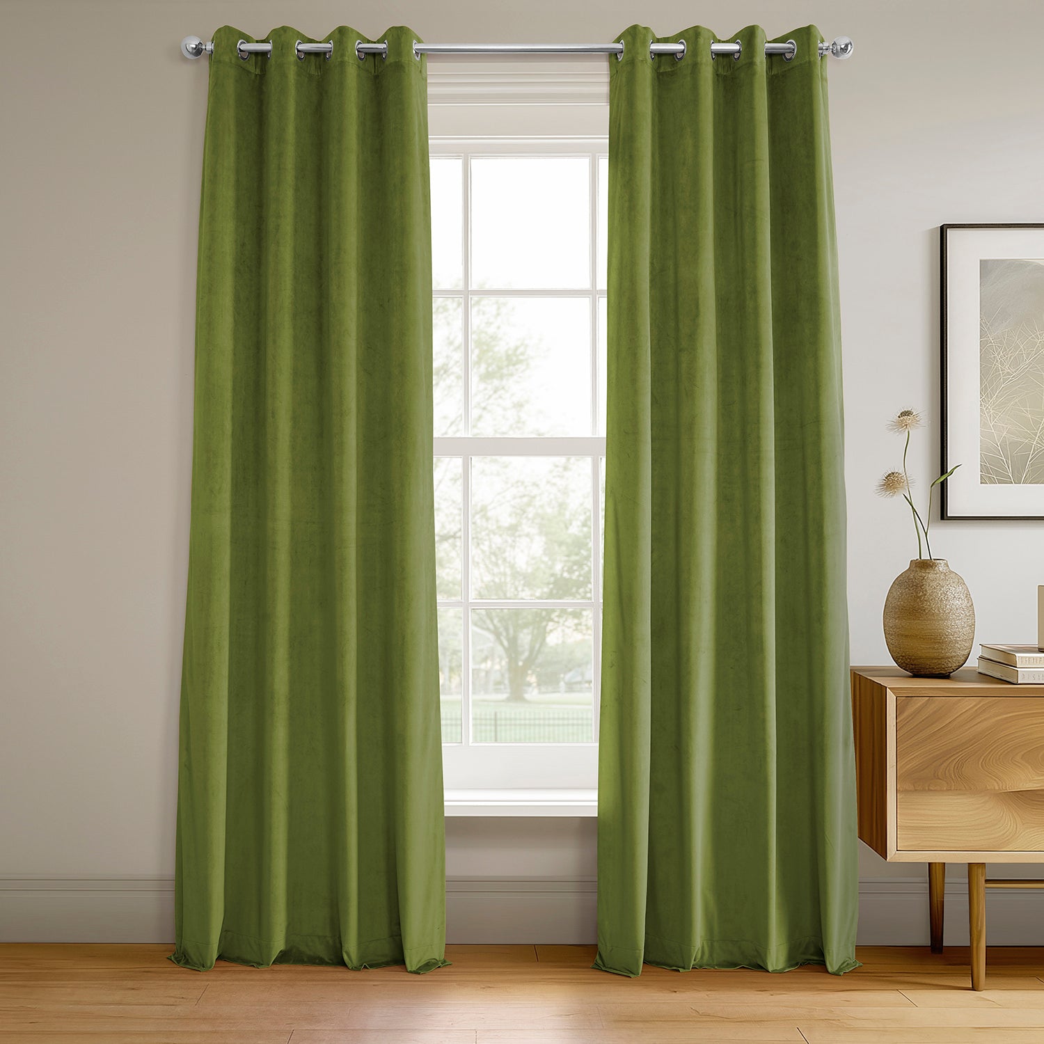 Luxury Basque Green Grommet Blackout Curtains - Thermal Insulated Velvet Drapes for Living Room & Bedroom - Noise Reducing Window Treatments for Home Decor