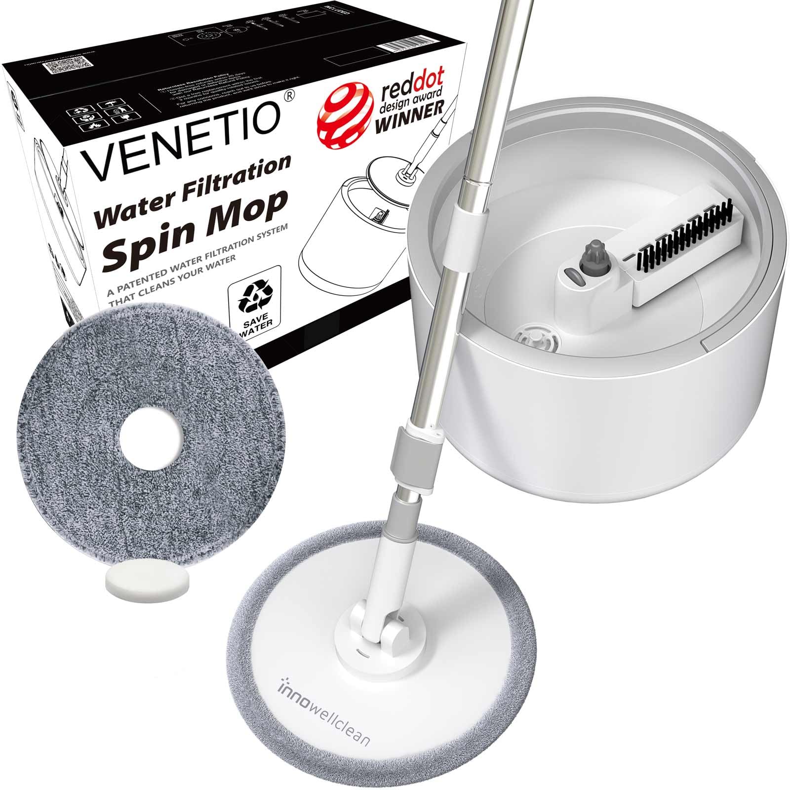 VENETIO Self-Wringing Spin Mop and Bucket Set with 2 Microfiber Pads - All-in-One Wet Dry Floor Cleaning System for Hardwood, Tile, Vinyl, Laminate & Marble Floors | Safe & Effective for Kitchen, Bathroom & Living Room Cleaning