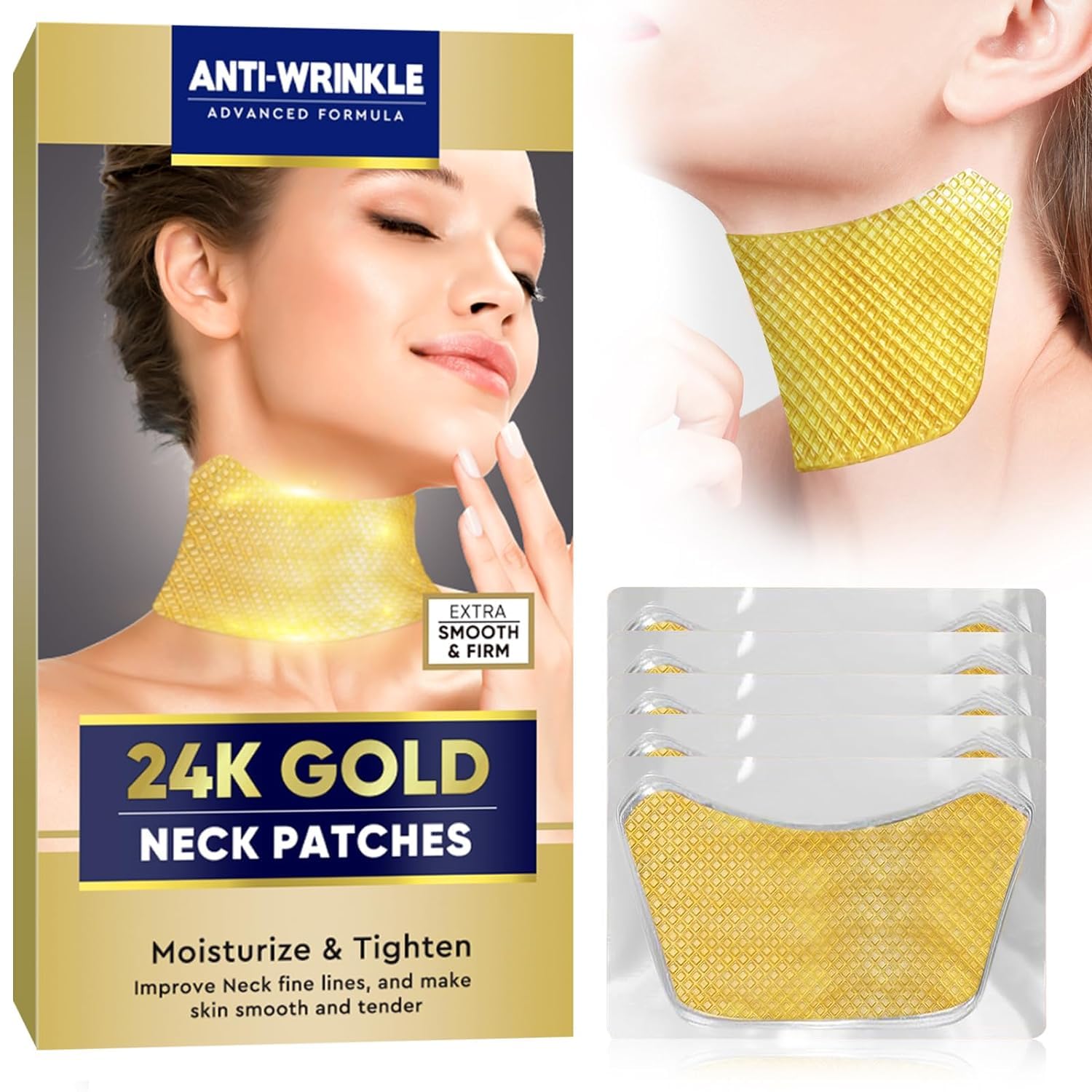 24K Gold Collagen Neck Wrinkle Patches - Firming, Tightening & Moisturizing Treatment for Neck Lines & Fine Lines Removal (5 PCS) - Anti-Aging Skincare for Women, Perfect for Night Care & Special Occasion Prep