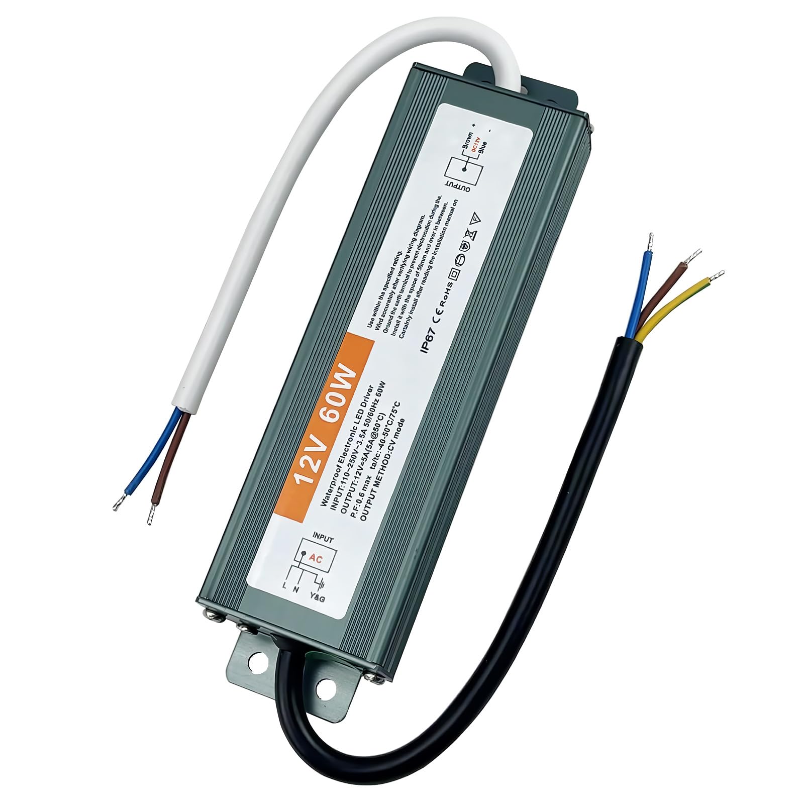 60W 12V Waterproof LED Driver Power Supply IP67 - AC 110V/120V to DC 12V Low Voltage Transformer for Indoor/Outdoor LED Strip Lights - Perfect for Home, Garden, and Commercial Lighting Projects