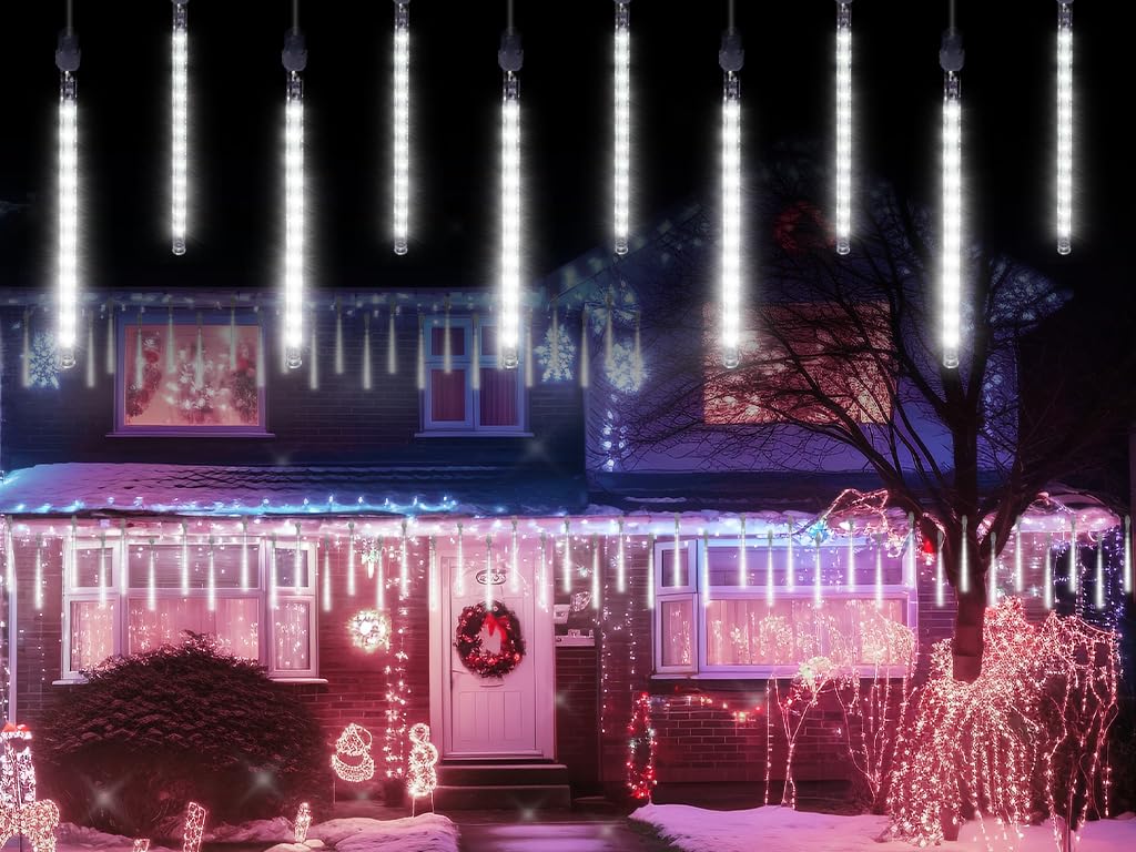 30cm 8 Tubes 192 LED Meteor Shower Lights - Outdoor Christmas Rain Lights with Transformer | White Snowfall Fairy Lights for Wedding, Party & Tree Decorations | Perfect for Garden, Yard, and Holiday Displays