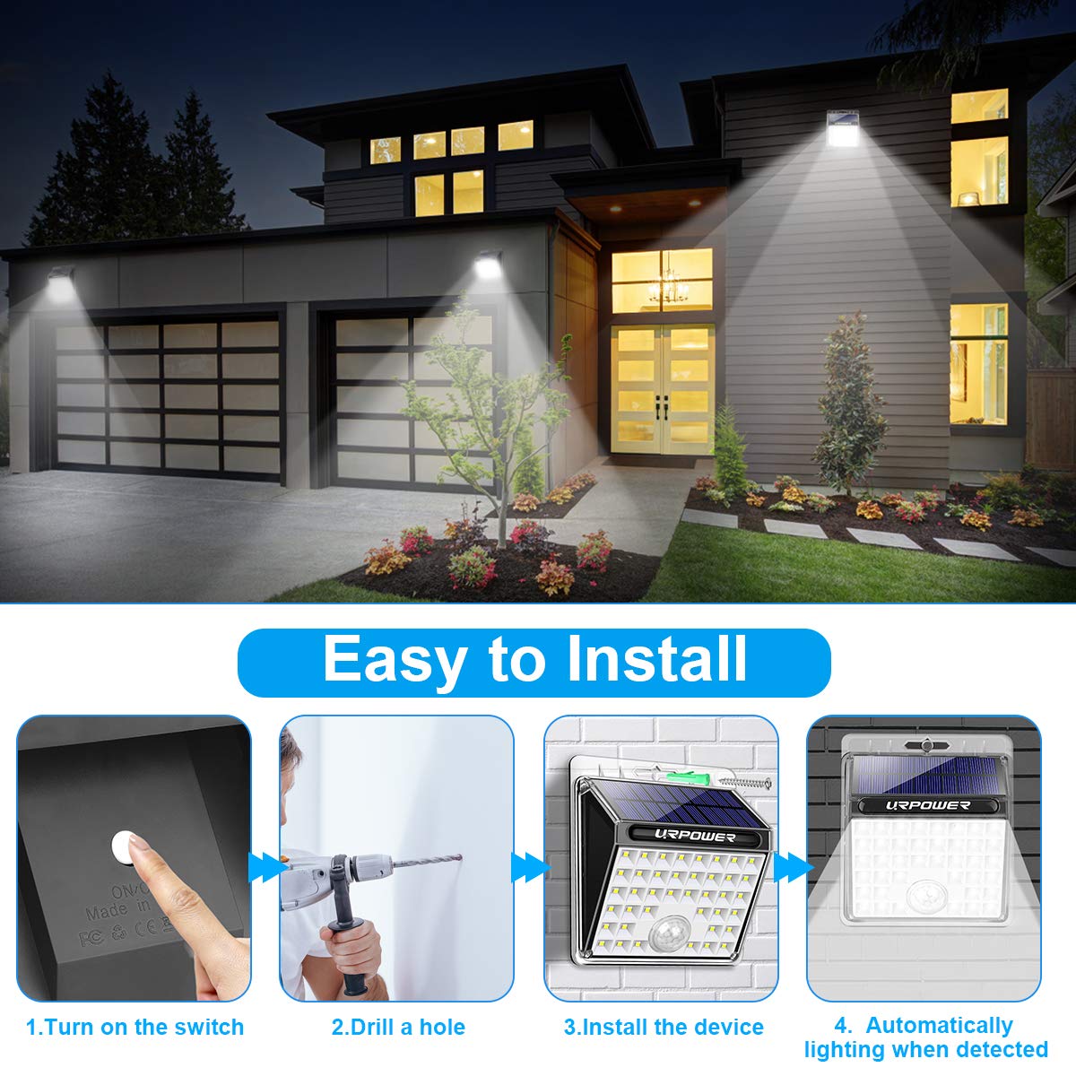 URPower 40 LED Solar Motion Sensor Lights Outdoor Waterproof - Solar Powered Security Flood Lights for Backyard, Fence, Deck, Patio, Garage (4 Pack) | Bright Solar Lighting for Pathways, Driveways & Home Security