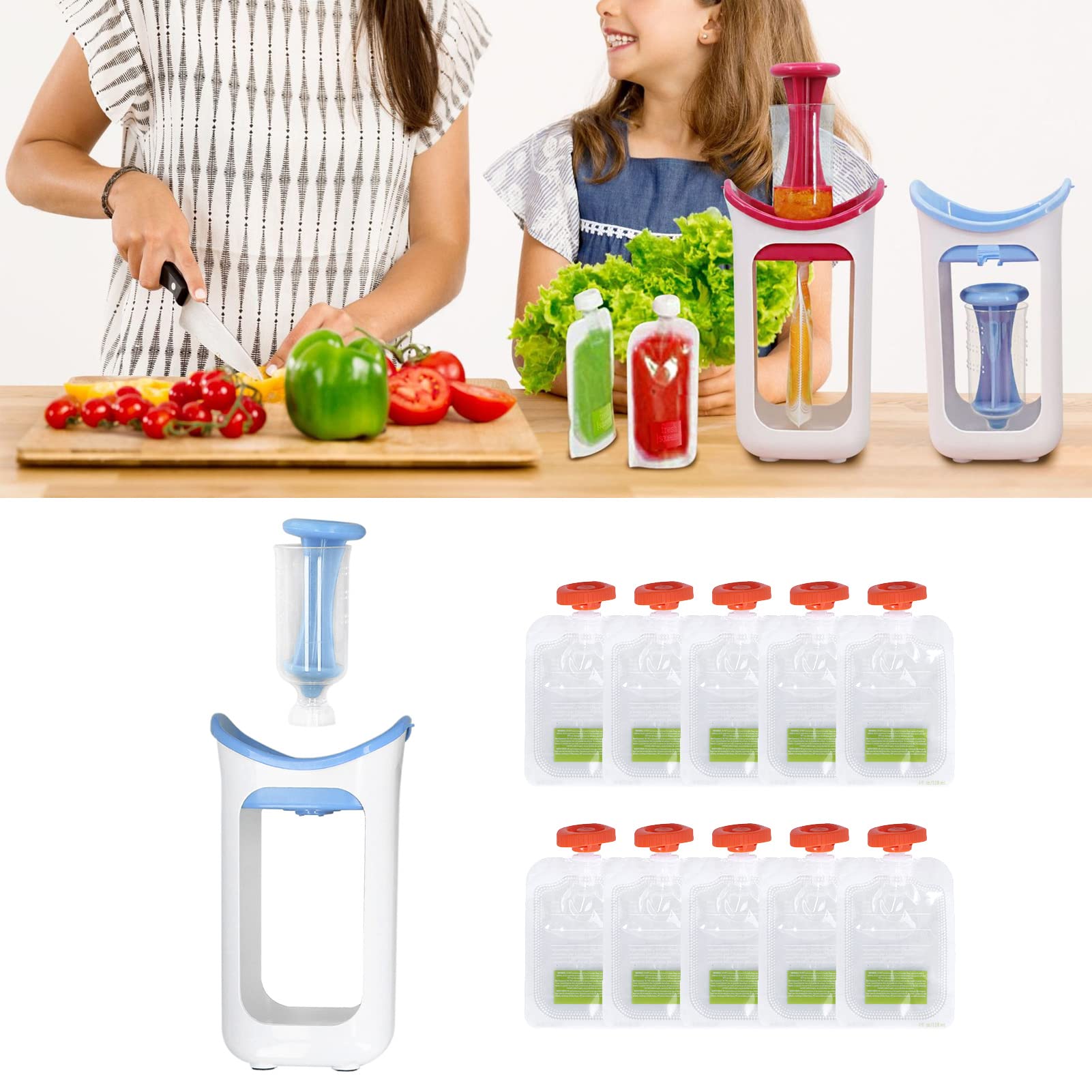 Baby Food Squeeze Station - Reusable Pouch Filler for Homemade Purees | 10 BPA-Free Squeeze Bags Included | Perfect for Making Fresh Fruit Purees, Yogurt & Baby Food at Home - Ideal for Busy Parents & Healthy Snacks On-The-Go (Blue)