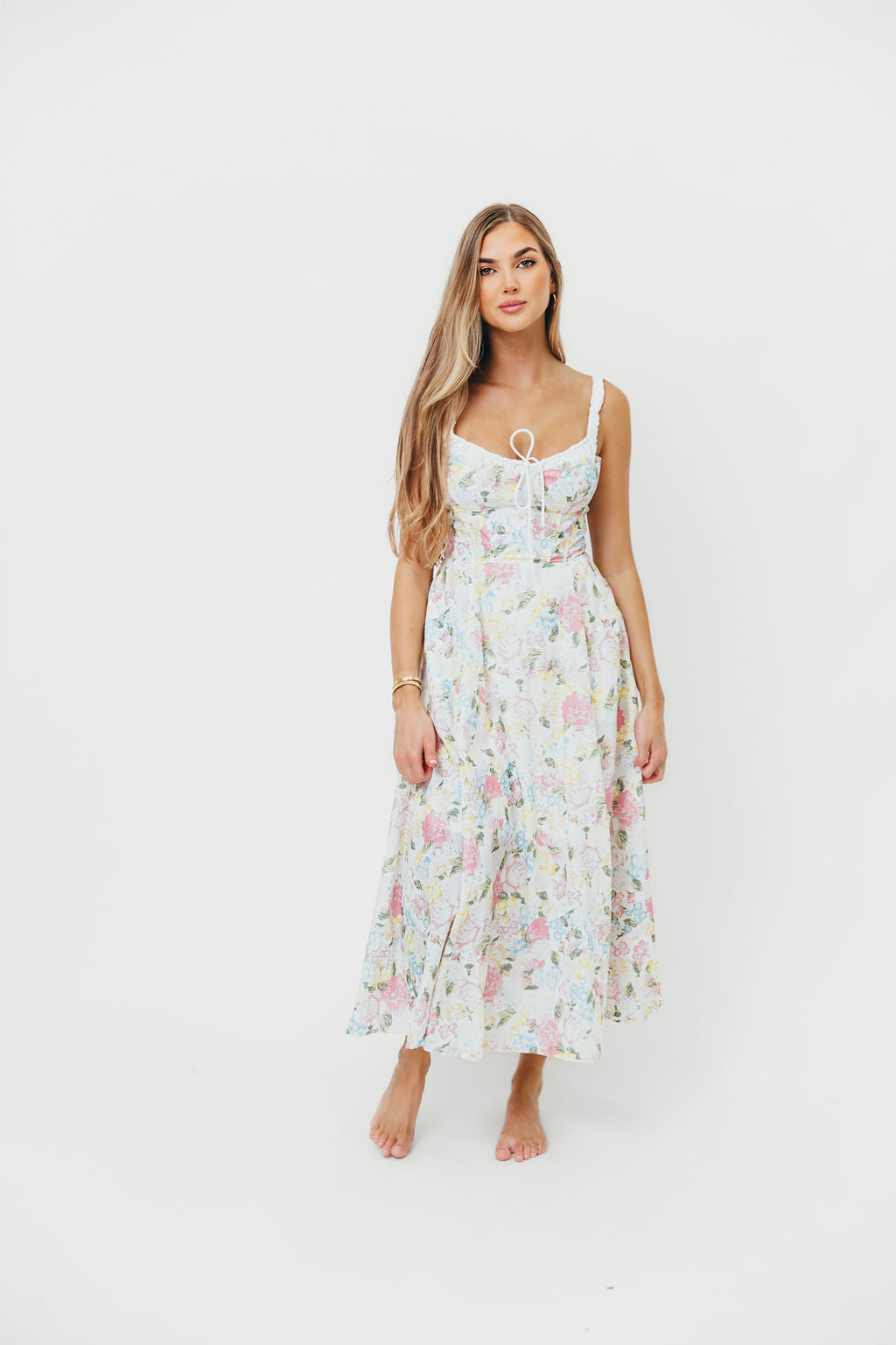 Pink Lady Floral Bustier Midi Sundress - Women's Summer Dress with Adjustable Straps & Side Pockets | Perfect for Beach Vacations, Garden Parties & Date Nights