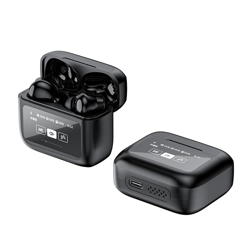 Premium Wireless Earbuds with LCD Touch Screen - Bluetooth 5.4 TWS Noise Cancelling Headphones with Built-in Mic, Hi-Fi Stereo Sound & Wireless Charging Case - Touch Control Earphones for iPhone/Android (Black) - Perfect for Workouts, Commuting & Office Use