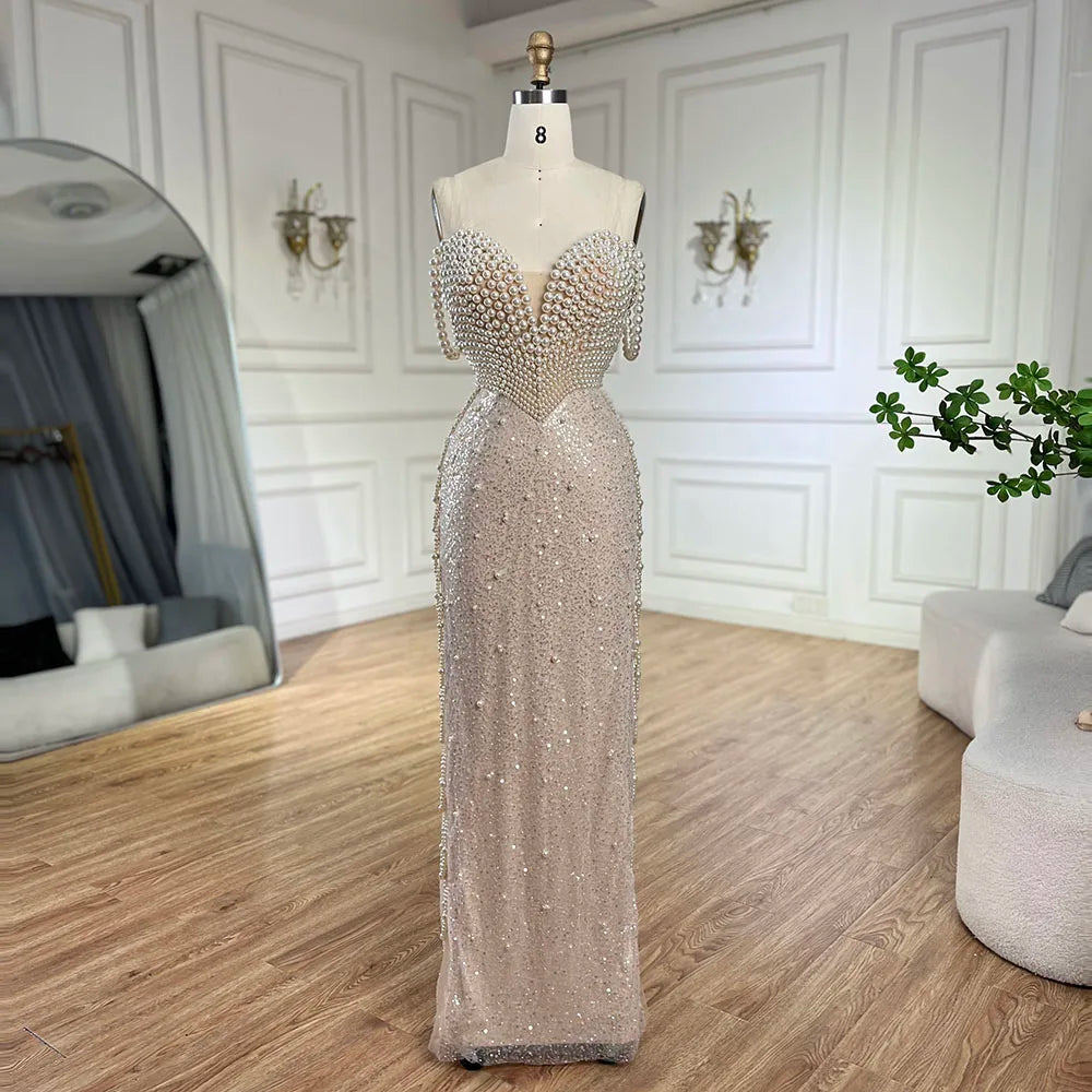Elegant Beaded Pearl Mermaid Evening Dress for Women | Luxury Dubai Wedding Party Gown with Spaghetti Straps | Perfect for Bridal Showers, Galas & Formal Events - LA72393