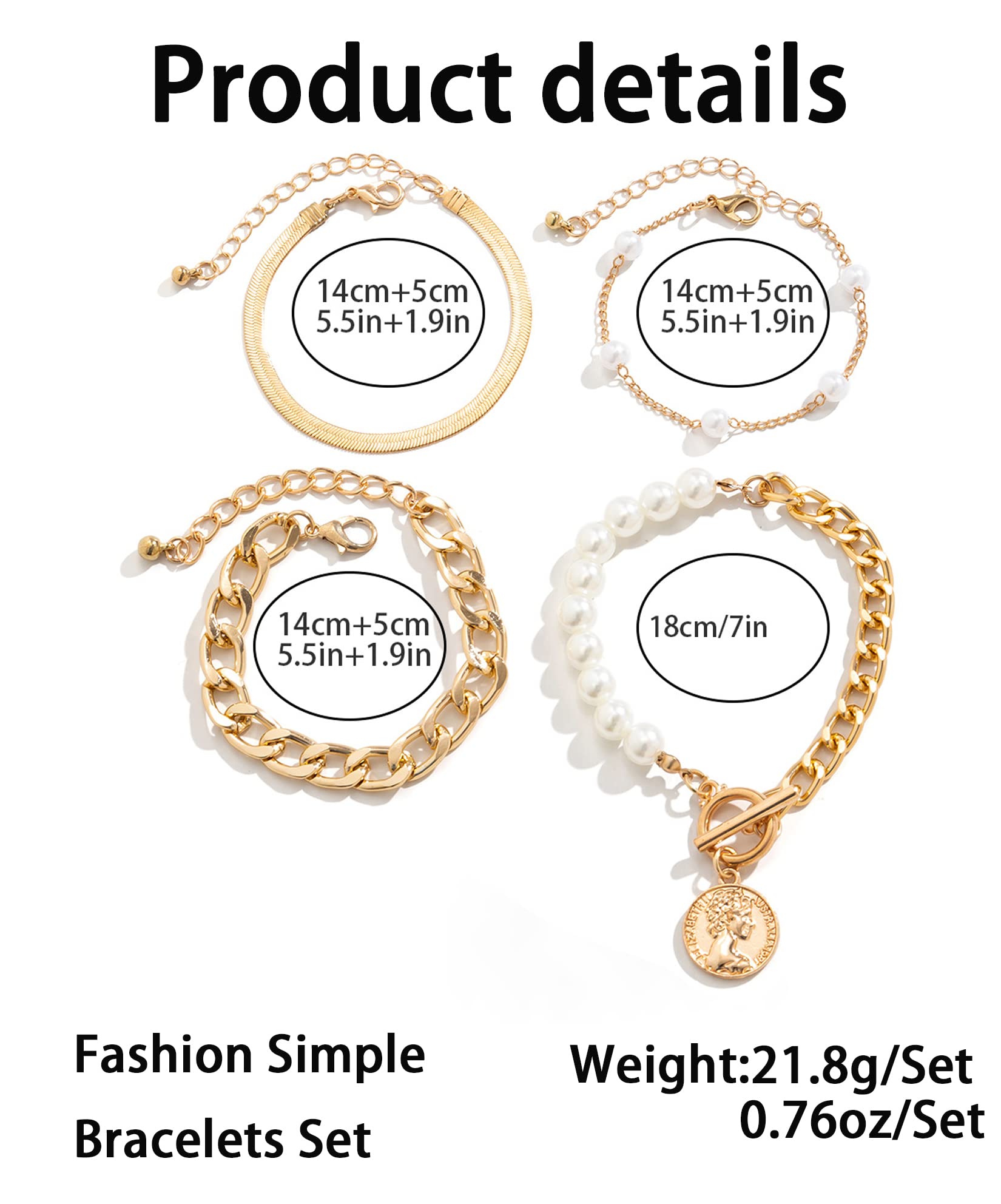 FUTIMELY 14K Gold Plated Snake Pearl CZ Chain Link Bracelet Set for Women - Adjustable Dainty Layered Paperclip Stacked Bracelets - Perfect for Everyday Wear, Gift Giving & Special Occasions