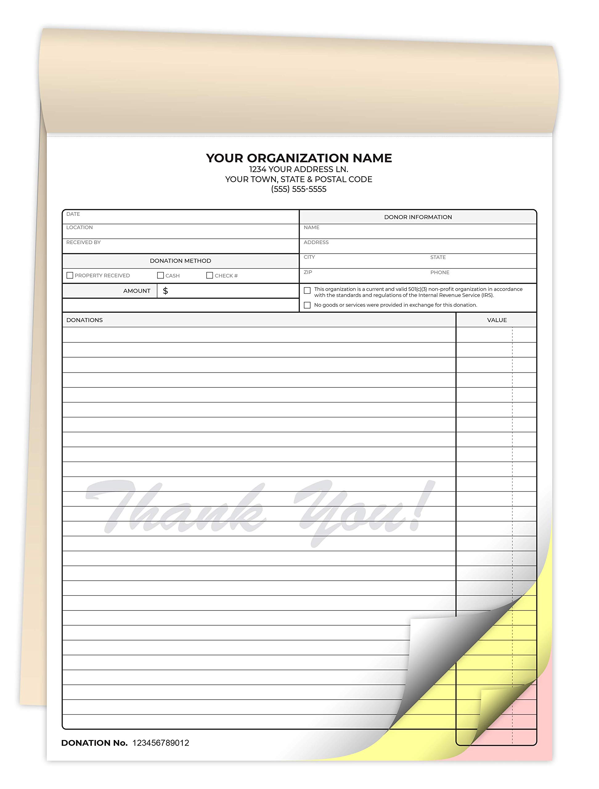 Custom Printed 8.5 x 11 Inch Carbonless Donation Receipt Books - 3-Part NCR Staple Bound Pads with Manila Cover for Non-Profit & Charitable Organizations - Personalized with Your Company Name & Number (1200 Qty) - Perfect for Fundraising Events, Church Donations & Tax Deduction Records