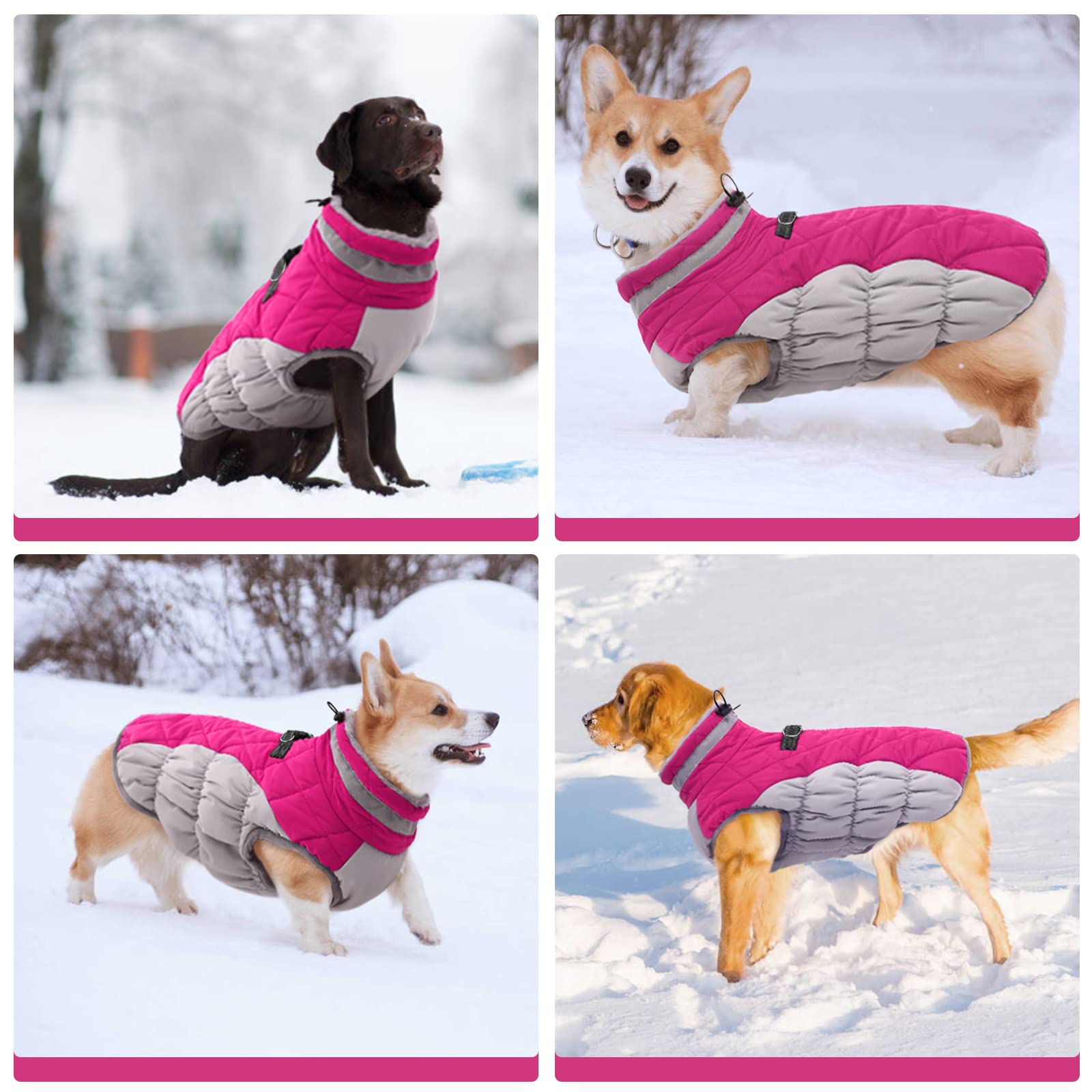 FUAMEY Waterproof & Windproof Dog Coat - Medium Pink Faux Fur Winter Jacket with Reflective Strips & Built-in Harness for Dogs 11+ lbs | Cold Weather Protection for Small to Medium Dogs | Perfect for Winter Walks, Outdoor Adventures & Nighttime Safety