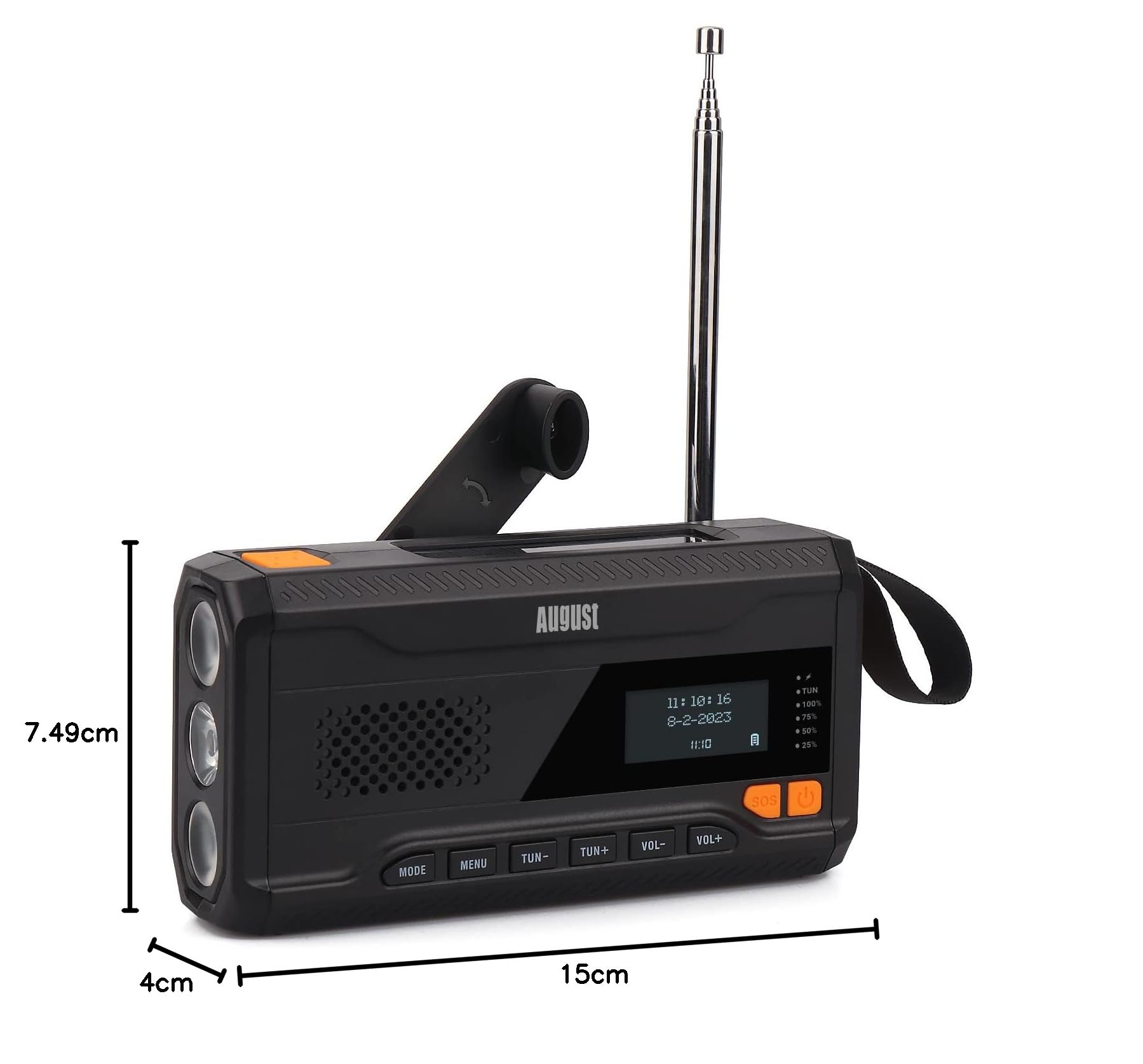 August MB290B Portable Emergency Hand Crank Radio with FM/DAB/Bluetooth, 4500mAh Power Bank, USB Phone Charger, Flashlight & SOS Light - Perfect for Camping, Hiking, Outdoor Adventures & Emergency Preparedness - Black