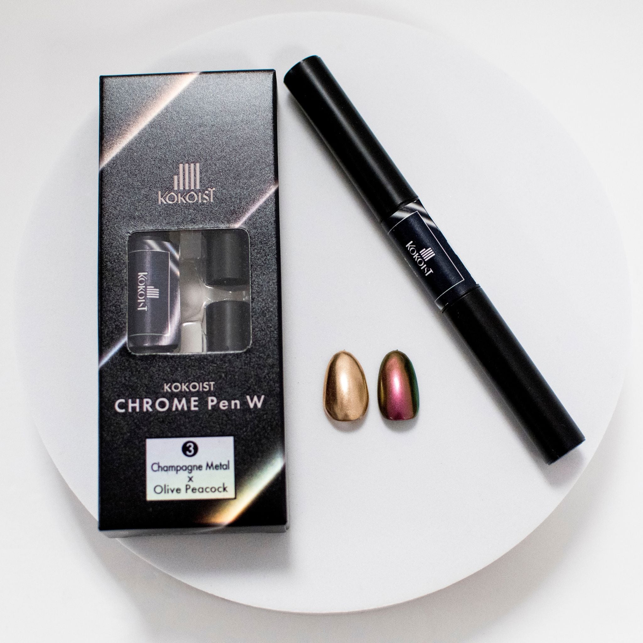 Kokoist Chrome Pen W 03 Champagne Metal x Olive Peacock - Professional Nail Art Brush for Gel Polish & Acrylic Nails - Perfect for Salon, Home Manicure & Nail Design