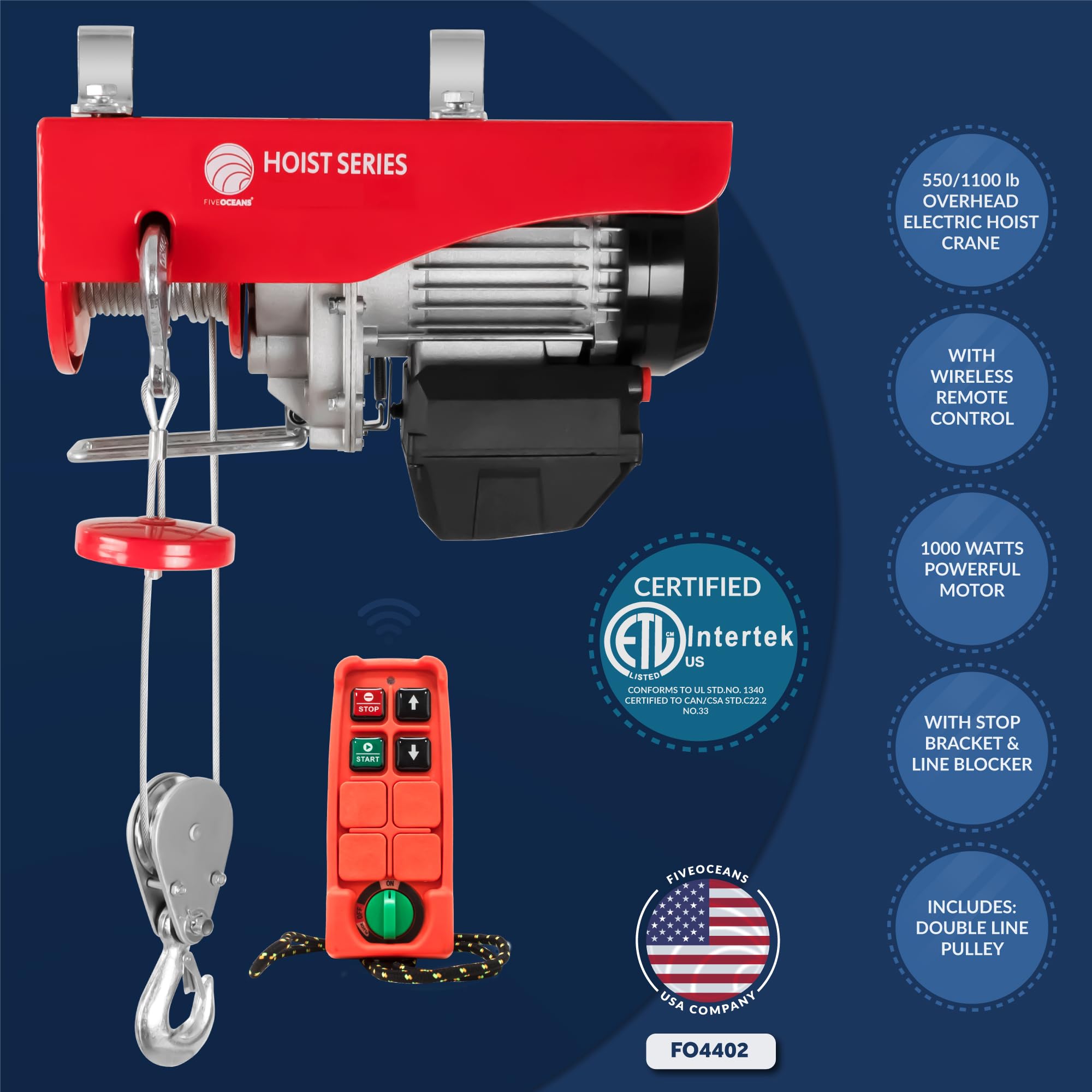 Five Oceans 1100 Lb Electric Hoist with Wireless Remote Control - 110V Heavy Duty Hoist Pulley System for Garage, Workshop & Construction (FO4402) | Lifting Equipment for Home & Industrial Use