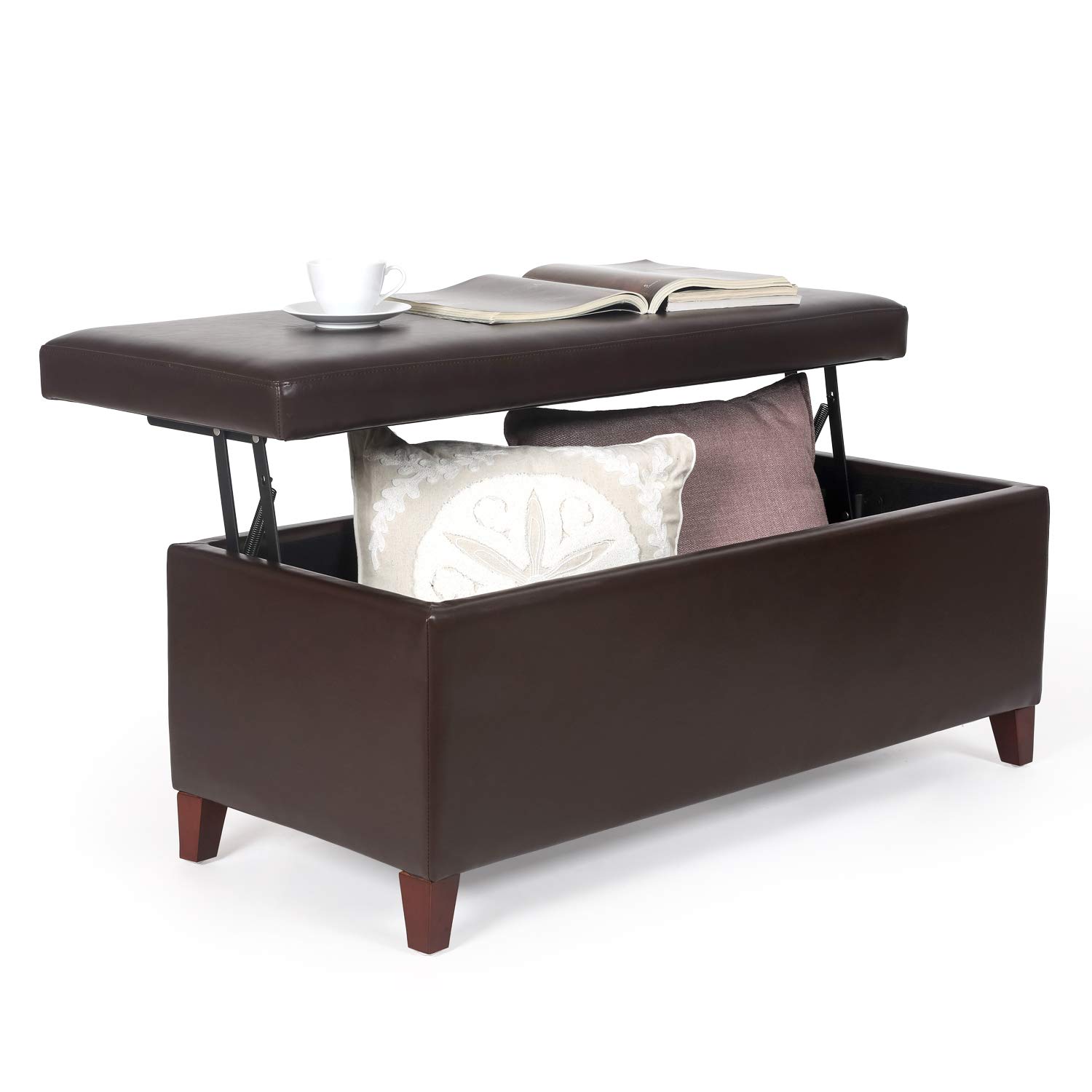 Modern Faux Leather Storage Ottoman Bench - Lift Top Coffee Table for Living Room (Brown)