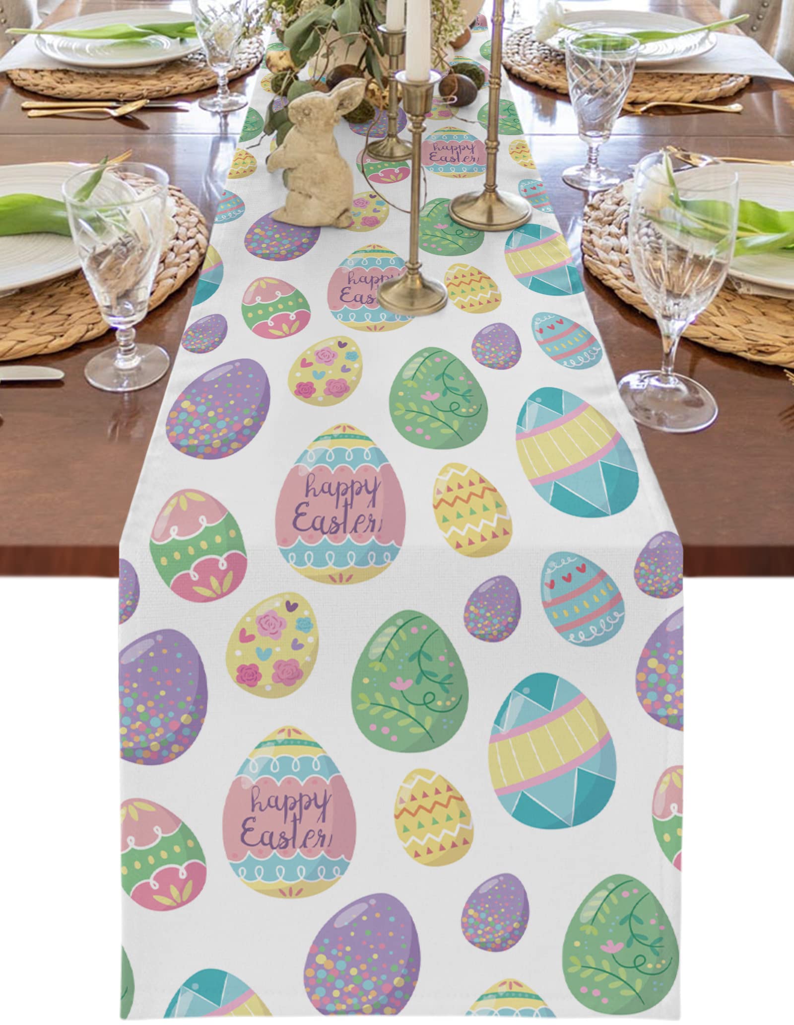Easter Table Runner 13x90 Inch - Waterproof Spring Tablecloth with Easter Egg Design for Holiday Party, Home Kitchen & Dining Room Decor - Perfect for Easter Celebrations, Brunch Gatherings and Seasonal Home Styling
