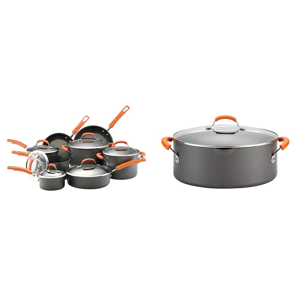 Rachael Ray Brights 14-Piece Hard-Anodized Nonstick Cookware Set with Orange Handles - Gray Pots & Pans for Pasta, Soup & Stock - Perfect for Home Cooking & Professional Kitchens