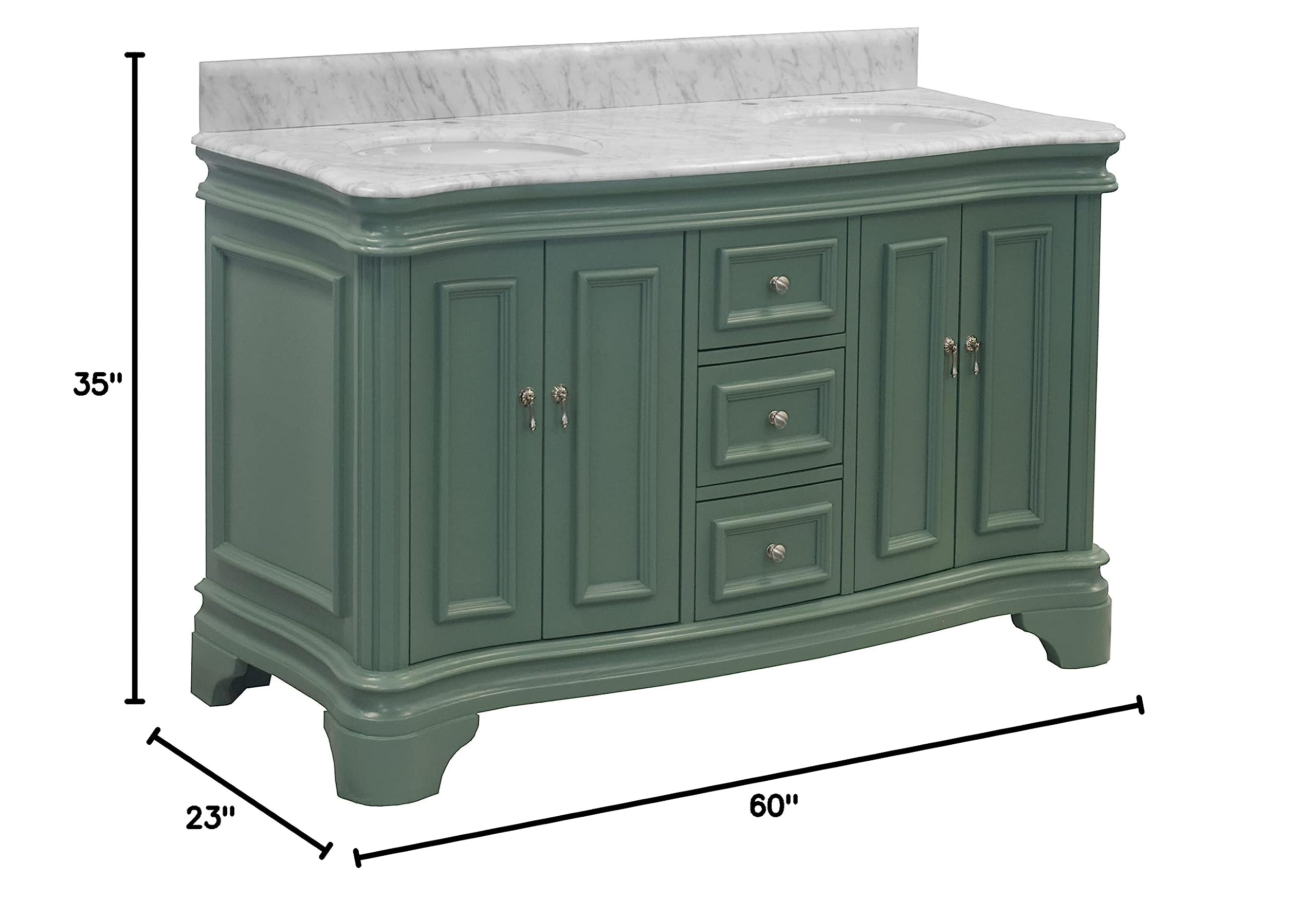 Katherine 60-inch Double Bathroom Vanity with Carrara Marble Top & Sage Green Cabinet - White Ceramic Sinks Included | Modern Bathroom Storage Solution for Master Bath & Guest Bath Renovation