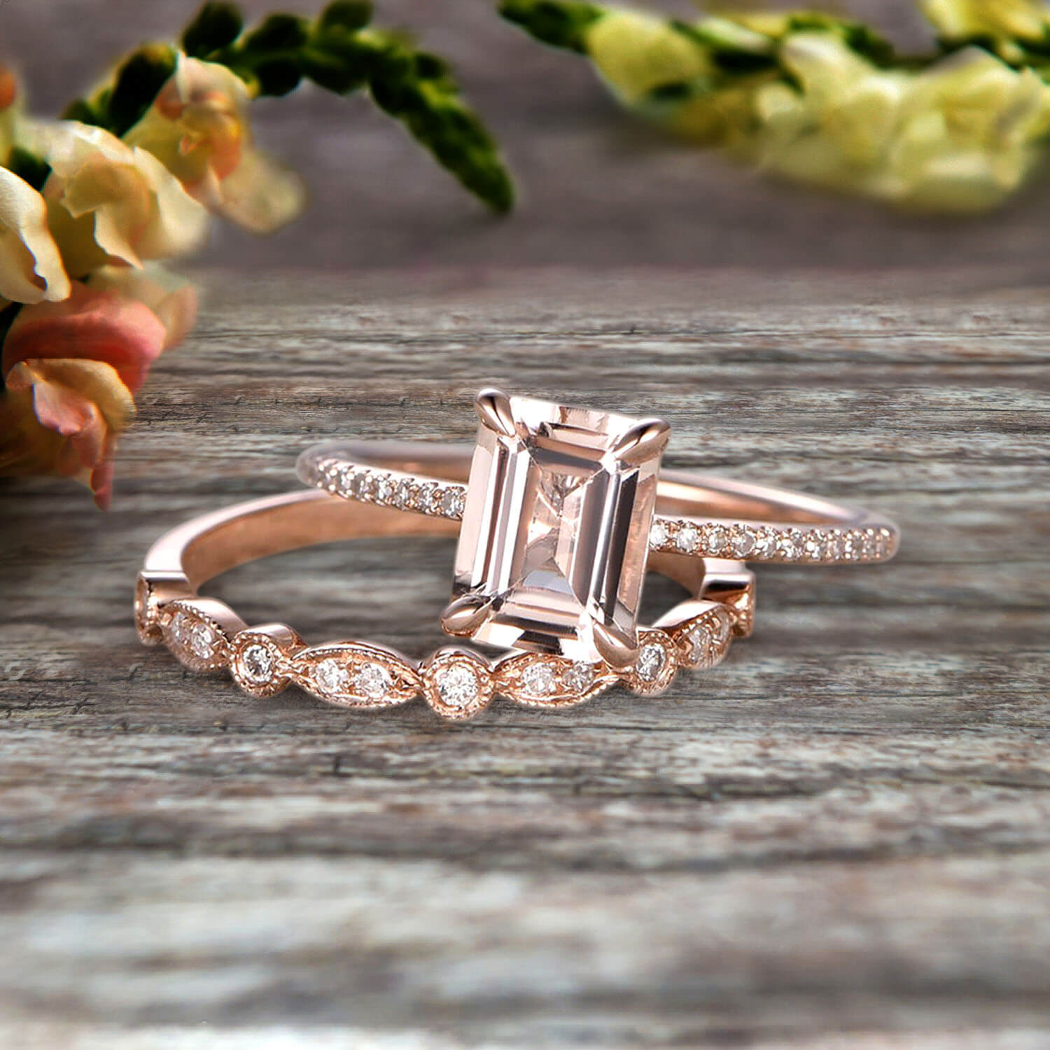 1.50 Carat Emerald Cut Art Deco Morganite 10k Rose Gold Wedding & Engagement Ring Set - Perfect for Proposals, Anniversaries, and Bridal Jewelry Gifts