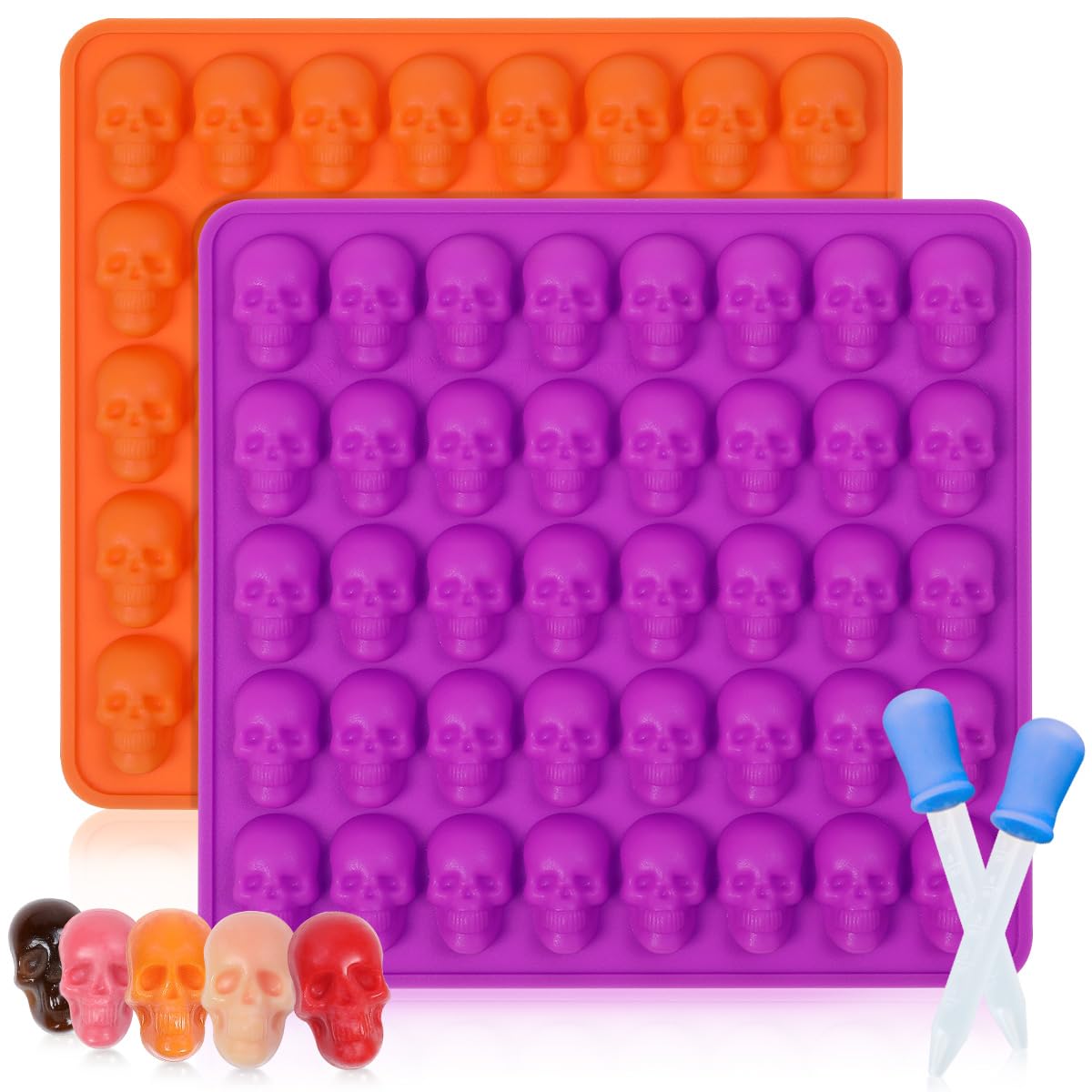 Halloween Skull Silicone Molds 2-Pack - Mini Skull Candy Molds for Chocolate, Gummies, Ice Cubes & Soap Making - Includes 2 Droppers - Perfect for Halloween Baking, Party Treats & DIY Crafts