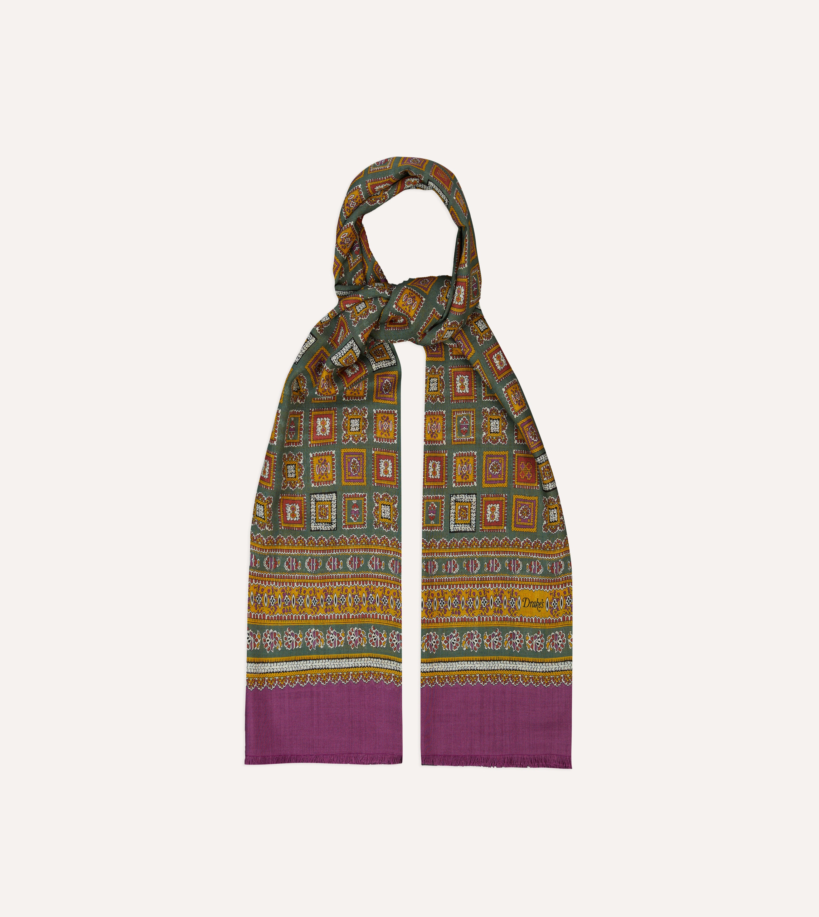 Elegant Purple and Green Medallion Print Wool Silk Scarf - Soft Luxury Wrap for Women, Perfect for Office, Evening Events & Winter Fashion Accessories