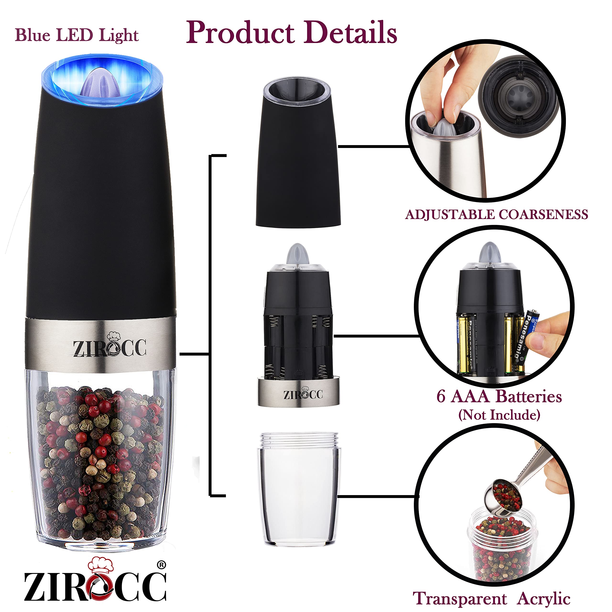(2 Pack) Electric Salt and Pepper Grinder Set - Battery Operated, One-Hand Automatic Operation with Adjustable Coarseness & LED Light - Perfect Kitchen Gadgets for Cooking, Dining, and Gift Giving (Black)