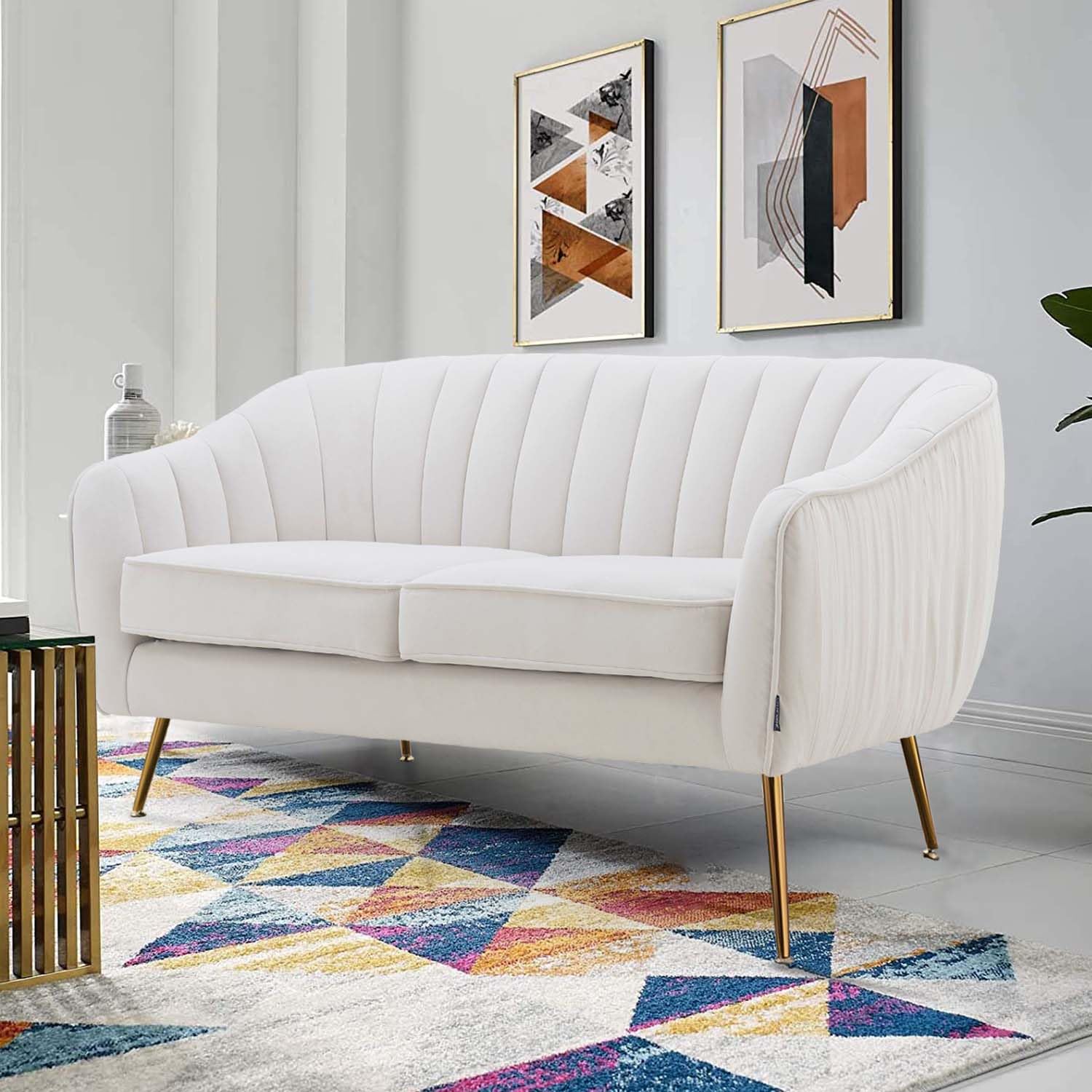 Velvet Loveseat Sofa for Two - Modern Small Space Couch with Golden Finish, Beige Upholstery | Perfect for Living Rooms, Bedrooms & Apartments | Cozy Seating for Couples & Small Spaces