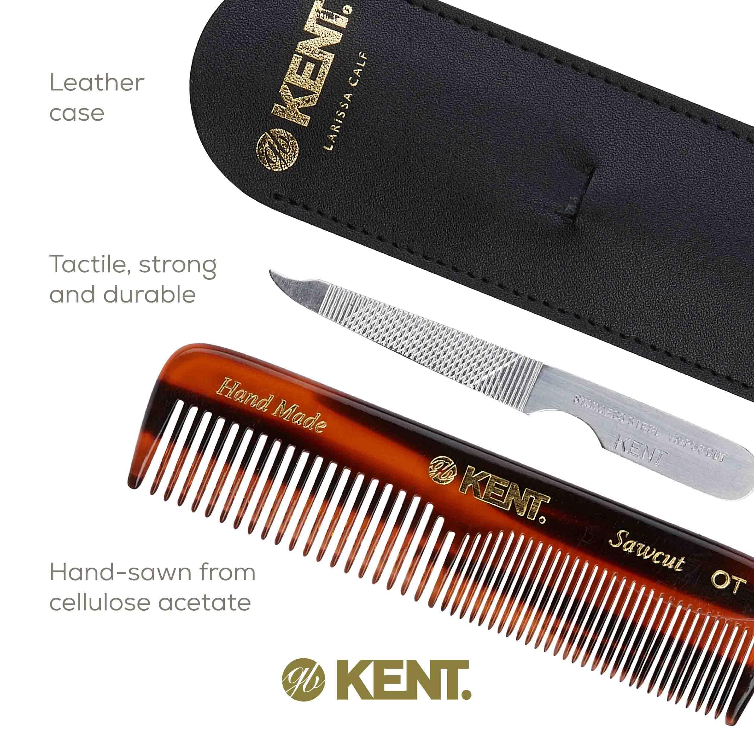 Kent NU19 Premium Hair & Beard Care Gift Set - Handmade in England | Includes OT Fine Tooth & Wide Tooth Combs for Men, Women & Kids | Travel-Friendly Leather Pouch & Stainless Steel Nail File | Perfect for Grooming, Travel & Daily Use
