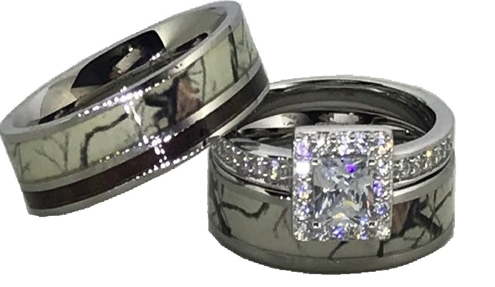 His and Her White Snow Camo Wedding Rings Set - Matching Couple Bands - Tungsten Wood Inlay Engagement Rings - Cubic Zirconia Jewelry for Men & Women - Perfect for Winter Weddings, Anniversary Gifts & Romantic Proposals