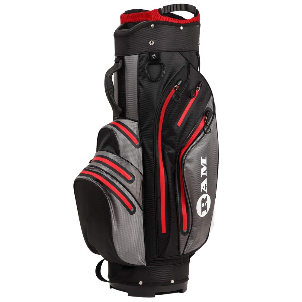 RAM Golf 14 Way Waterproof Cart Bag - Black/Grey/Red Design for Ultimate Club Protection and Organization, Perfect for All-Weather Golfing Adventures