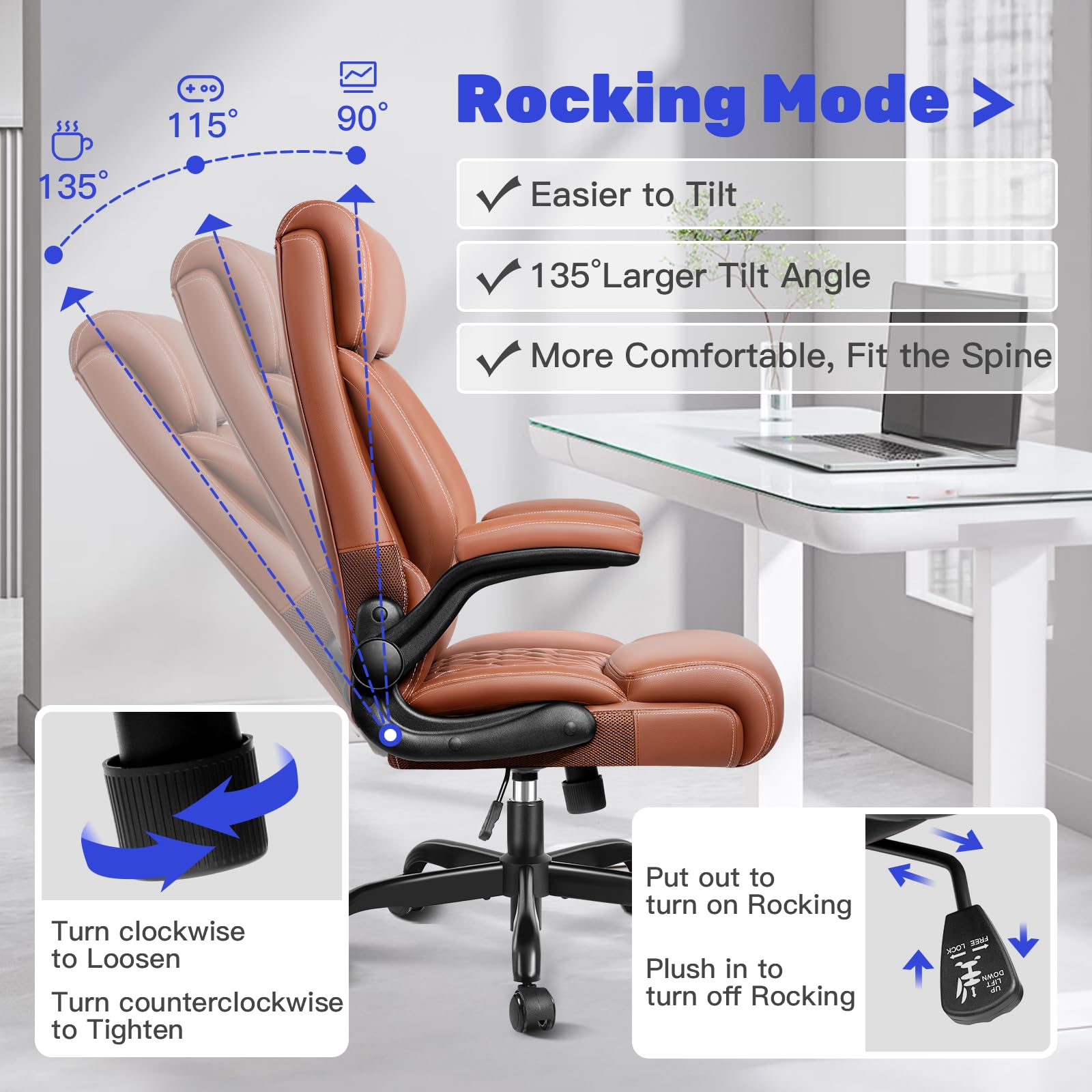 Premium Ergonomic High Back Executive Office Chair - Adjustable Lumbar Support & Flip-Up Armrests - Leather Managerial Desk Chair with Rocking Function for Home & Business Use