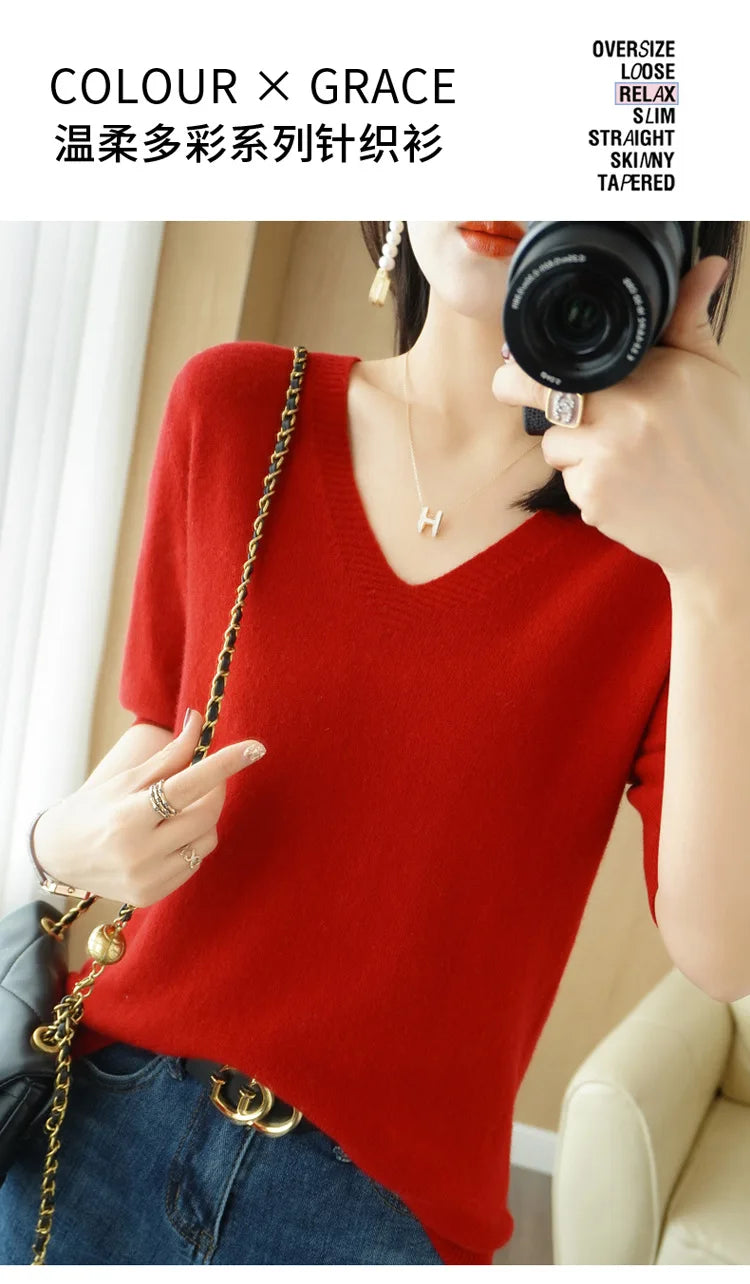 Solid Color V-Neck Half-Sleeve Cashmere Sweater for Women - Soft Thin Knit Casual Top for Office Wear & Fall Layering