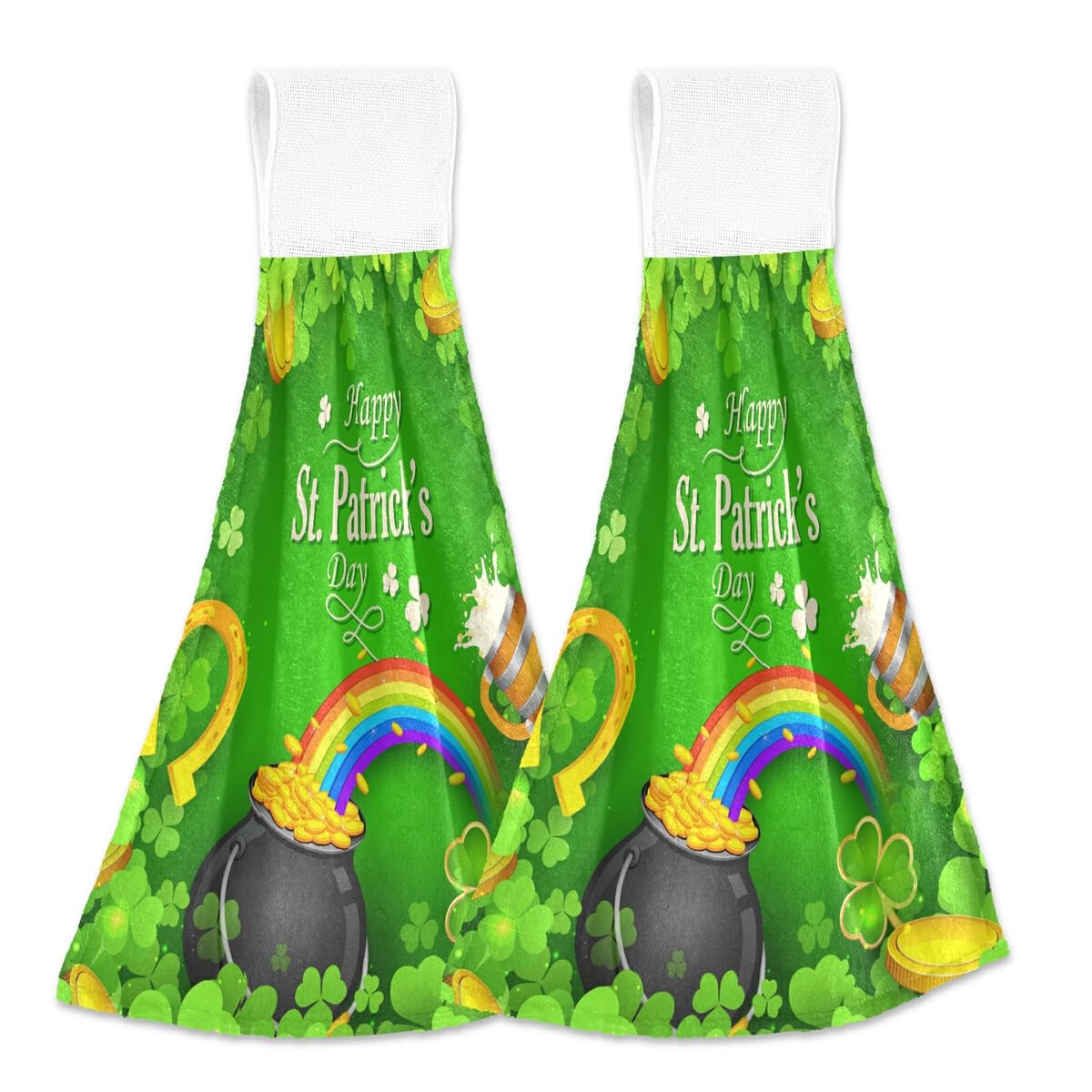 St. Patrick's Day Shamrock Rainbow Coral Velvet Hand Towels - 2PCS Absorbent Kitchen & Bathroom Towels for Cleaning, Dishwashing & Decor