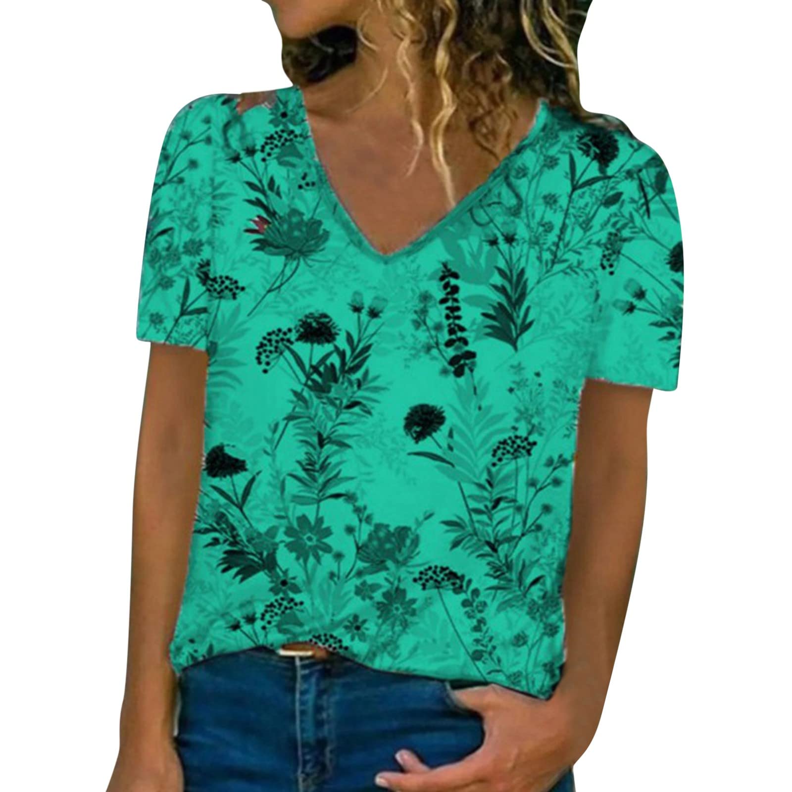 Women's Summer V-Neck Short Sleeve T-Shirt - Cute Printed Casual Blouse & Loose Fit Top for Everyday Wear, Beach Outings & Weekend Outfits