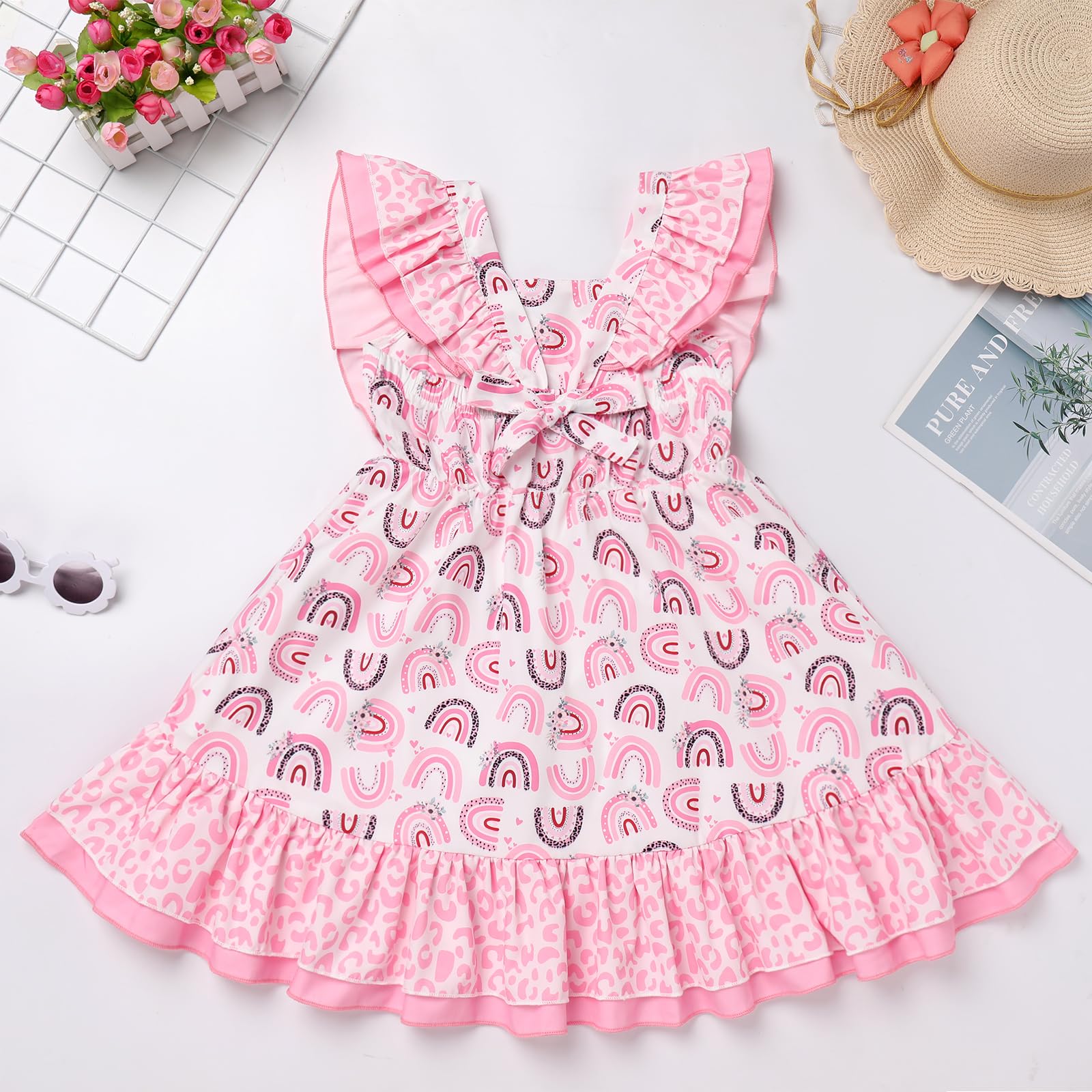 IDOPIP Toddler Baby Girls Cow Print Plaid Strawberry Rainbow Tutu Dress - Sleeveless Summer Princess Birthday Party Outfit for Photoshoot, Playdate & Special Occasions