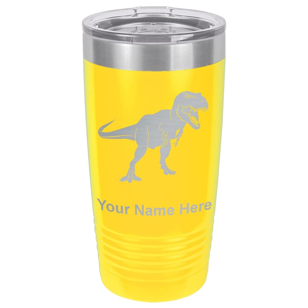 LaserGram 20oz Vacuum Insulated Stainless Steel Tumbler Mug with Dinosaur Design - Custom Engraved Tyrannosaurus Rex T-Rex Cup, Leakproof & Double Wall Insulation for Hot/Cold Drinks - Perfect for Office, Gym, Hiking & Outdoor Activities (Yellow)