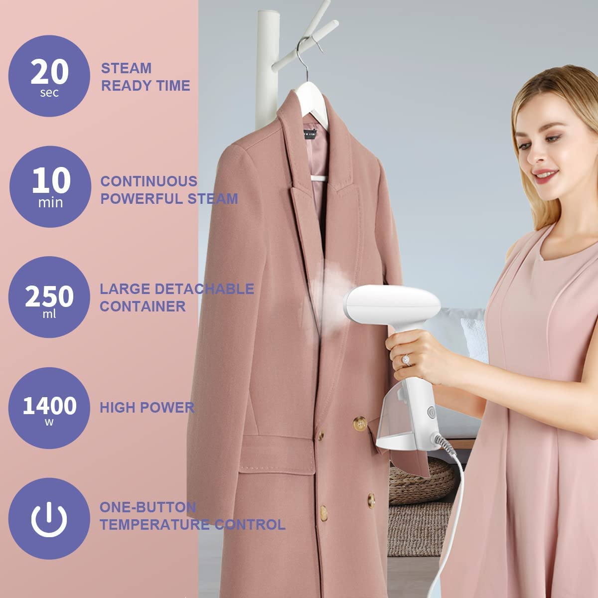 Mioduro Handheld Clothes Steamer - 1400W Portable Garment Steamer with 250ml Tank for Vertical & Horizontal Steaming | Fast Heat-up & Wrinkle Removal | Perfect for Travel, Home Use & Quick Outfit Refresh