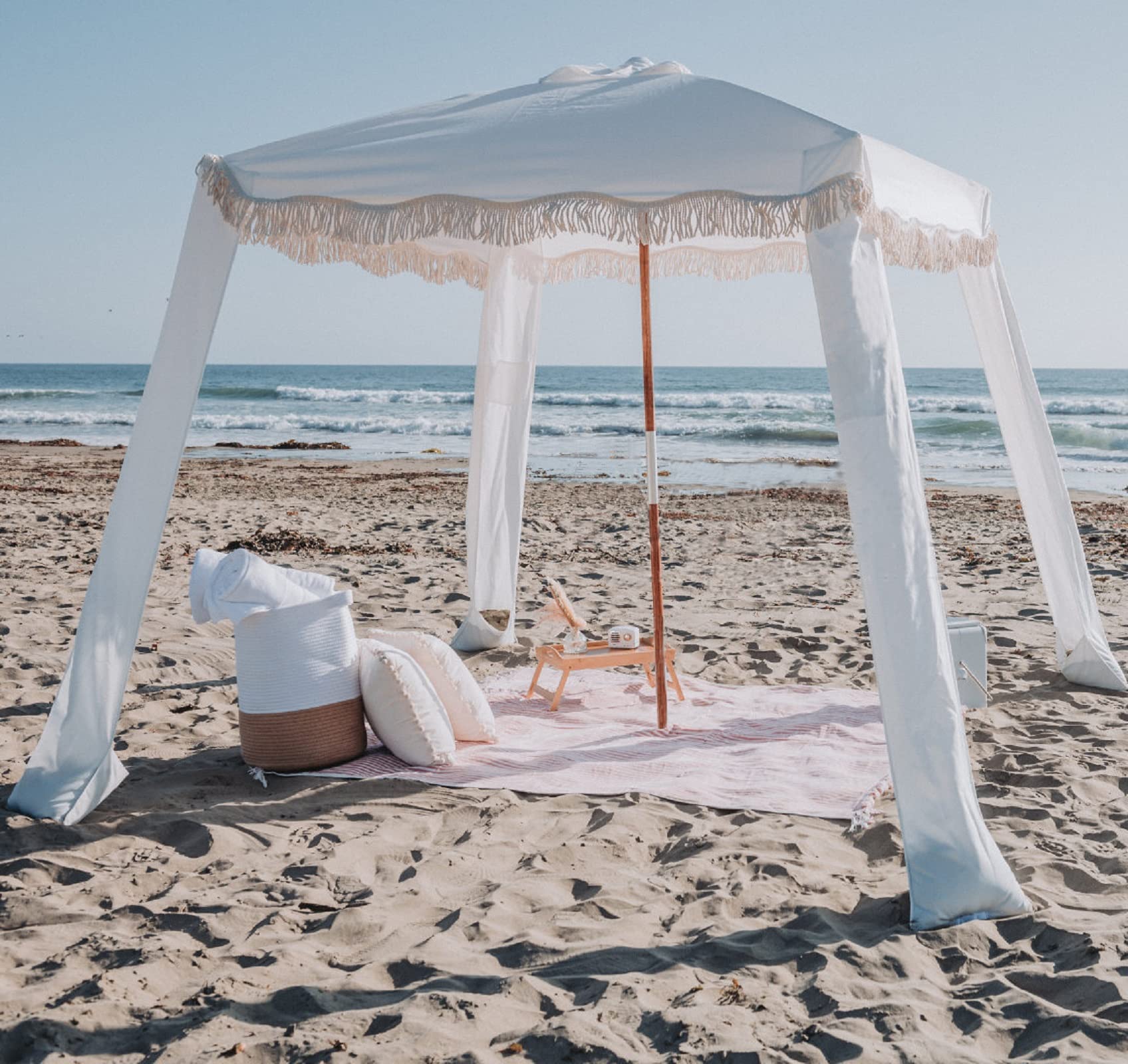 AMMSUN 6'×6' Boho Beach Cabana with Fringe & Tassels - Premium Wood Pole, Easy Setup Sun Shade Tent with Sand Pockets - Perfect for Beach, Poolside, Garden, Patio & Backyard Relaxation - Elegant White Canopy Shelter