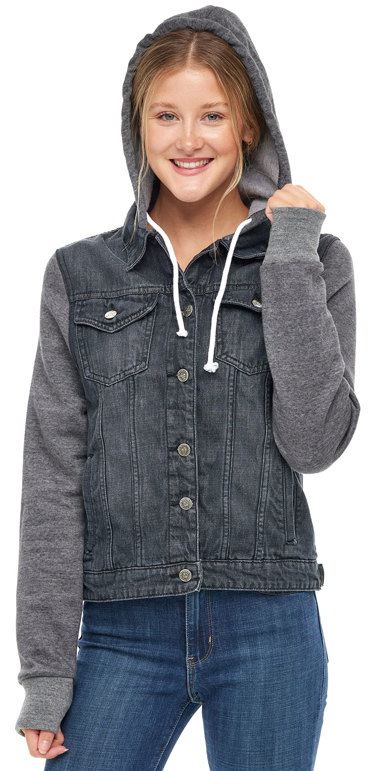 SKYLINEWEARS Women's Distressed Denim Jacket with Hood - Long Sleeve Layered Drawstring Hoodie - Vintage Washed Jean Jacket for Casual Outfits & Streetwear Fashion