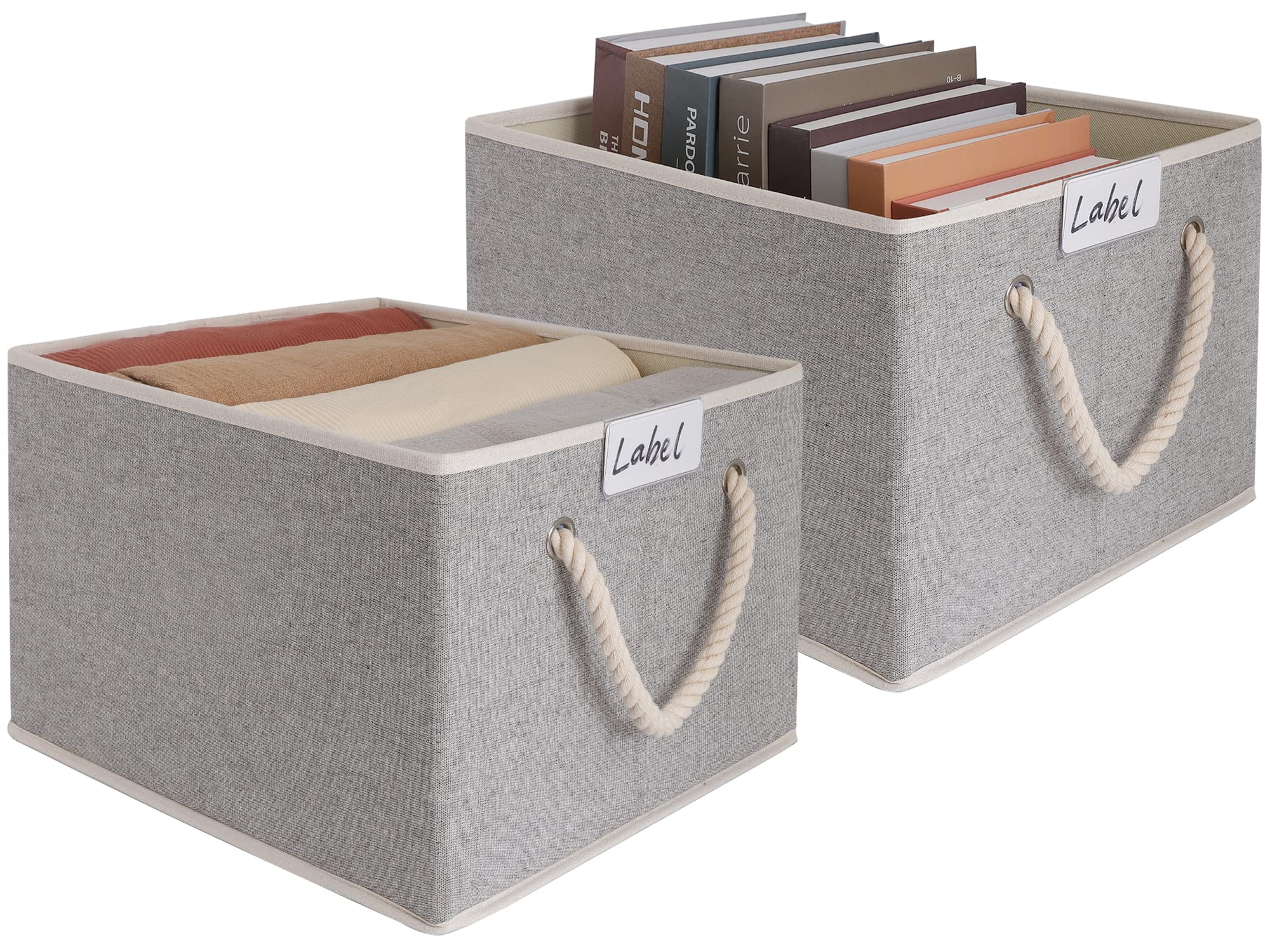 LoforHoney Large Fabric Storage Baskets with Cotton Rope Handles - Collapsible Closet Organizer Bins for Shelves, Home & Office - Light Gray, 2-Pack - Perfect for Bedroom, Bathroom & Kids' Room Organization