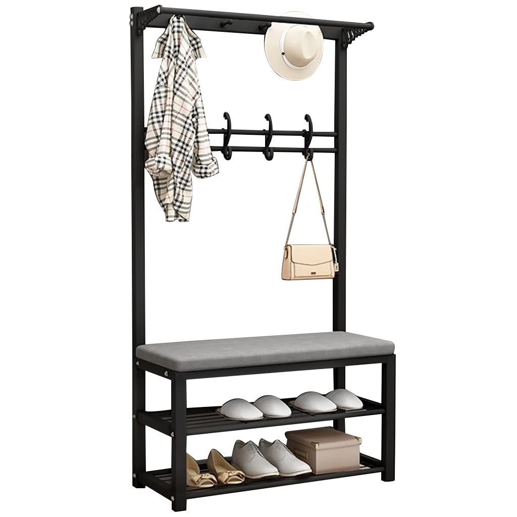 TCXSSL 4-in-1 Entryway Hall Tree with Shoe Bench - Coat Rack with 12 Hooks & 2 Hanging Rods, Storage Bench & Shoe Organizer - Sturdy Metal Frame (Black, 80x33x170cm) - Perfect for Entryway, Mudroom & Home Organization