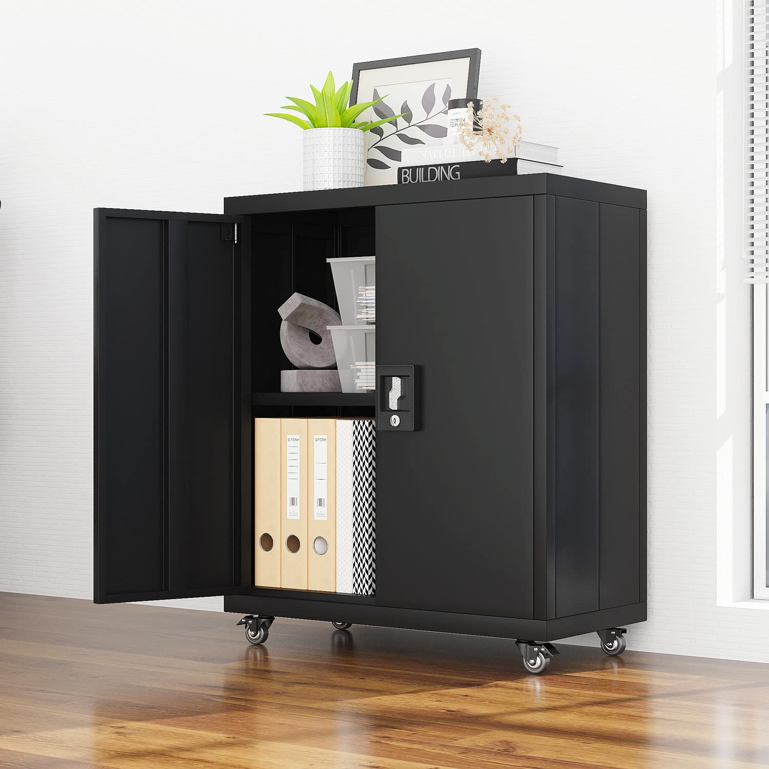 Lockable Metal Storage Cabinet with Wheels & Shelves - Heavy Duty Steel Office Cabinet for Home, Garage, Classroom & Office Organization - Black (Perfect for Files, Tools & Supplies Storage)