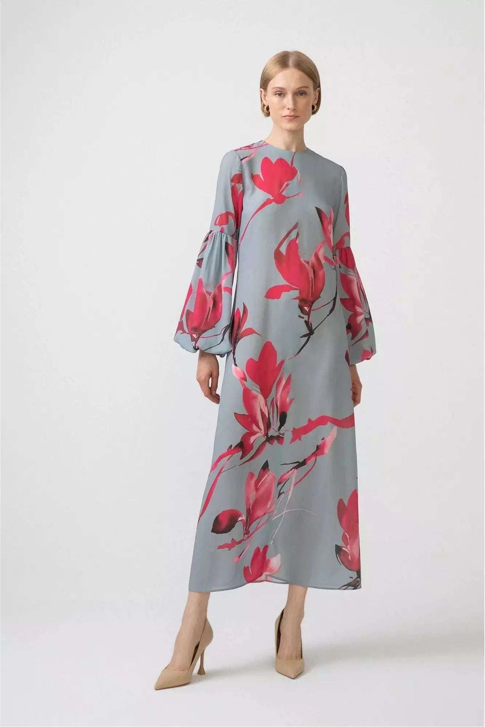 Zara Floral Print Long Sleeve Balloon Dress for Women | Elegant Party, Wedding Guest & Special Occasion Outfit