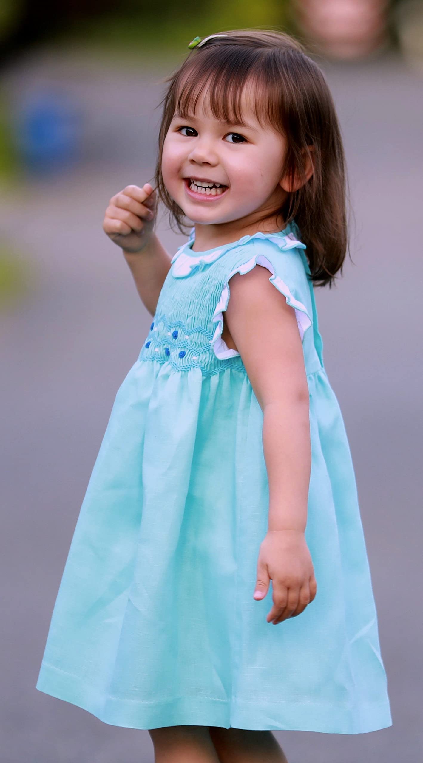 Blue Linen Hand-Smocked Babydoll Dress for Toddlers & Infants - Perfect for Special Occasions, Photo Shoots & Summer Outfits